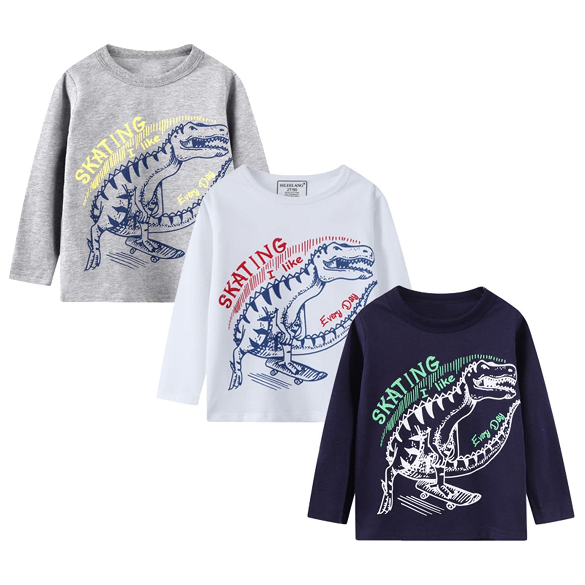 Toddler Boys' Long Sleeve Cotton Dinosaur Print T-Shirts 3-Pack Set - Khaki Stripe 4 Years