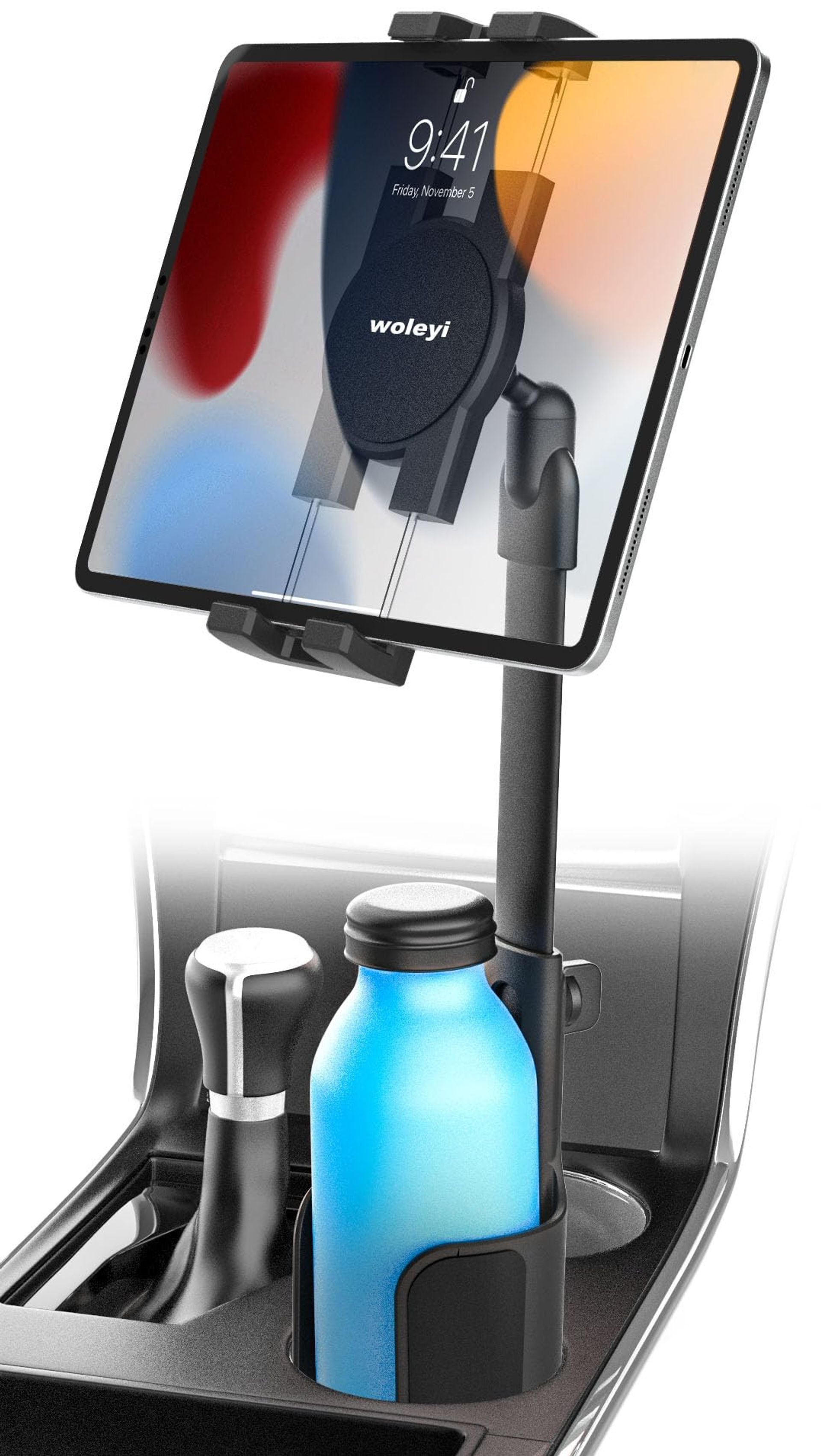 Car Cup Holder Tablet Mount Height Adjustable with Aluminium Telescopic Arm Fits 4–13 inch Devices - Black