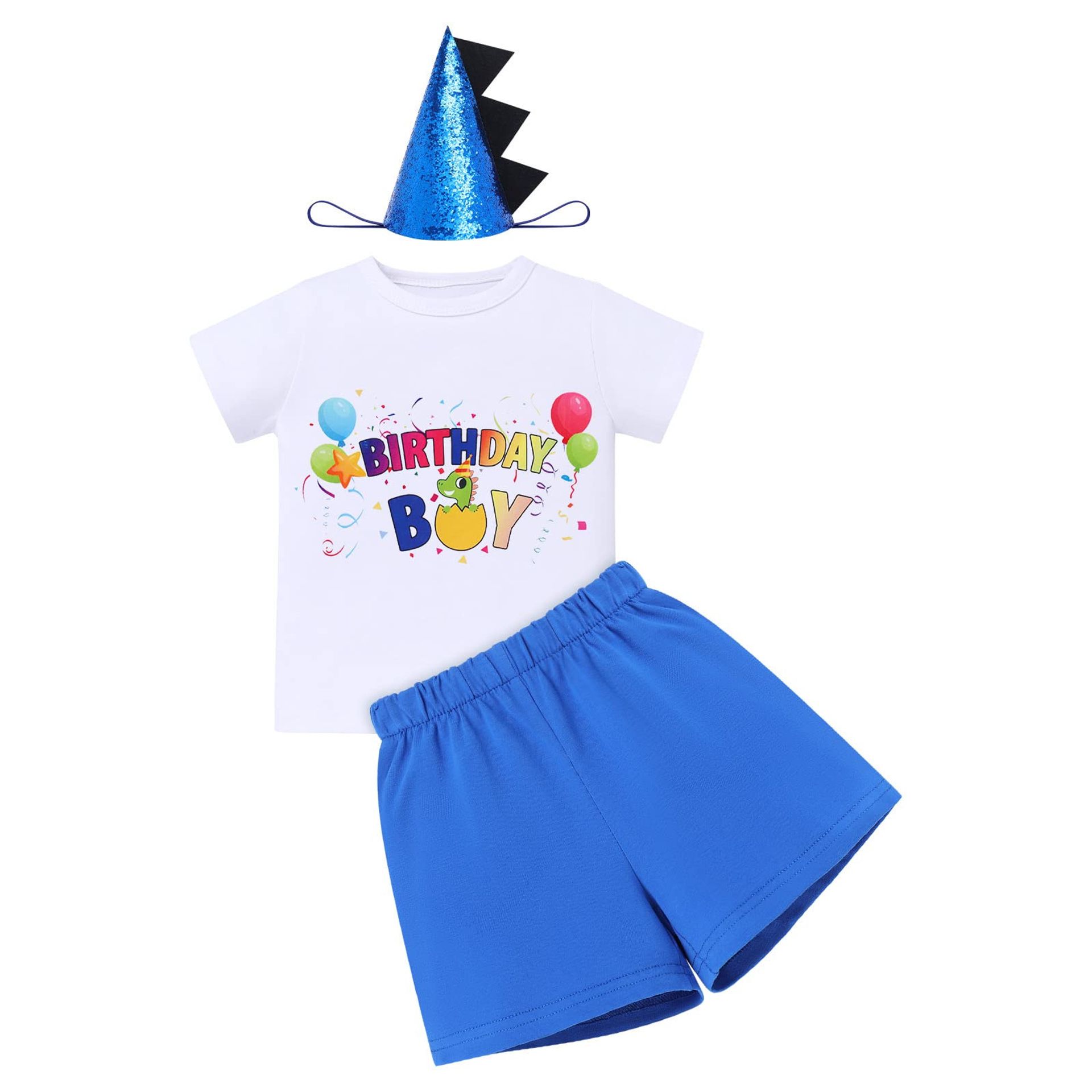 Baby Boys Dinosaur Birthday Outfit 3 Piece Set T-shirt Shorts Headband - Royal Blue 1 Year