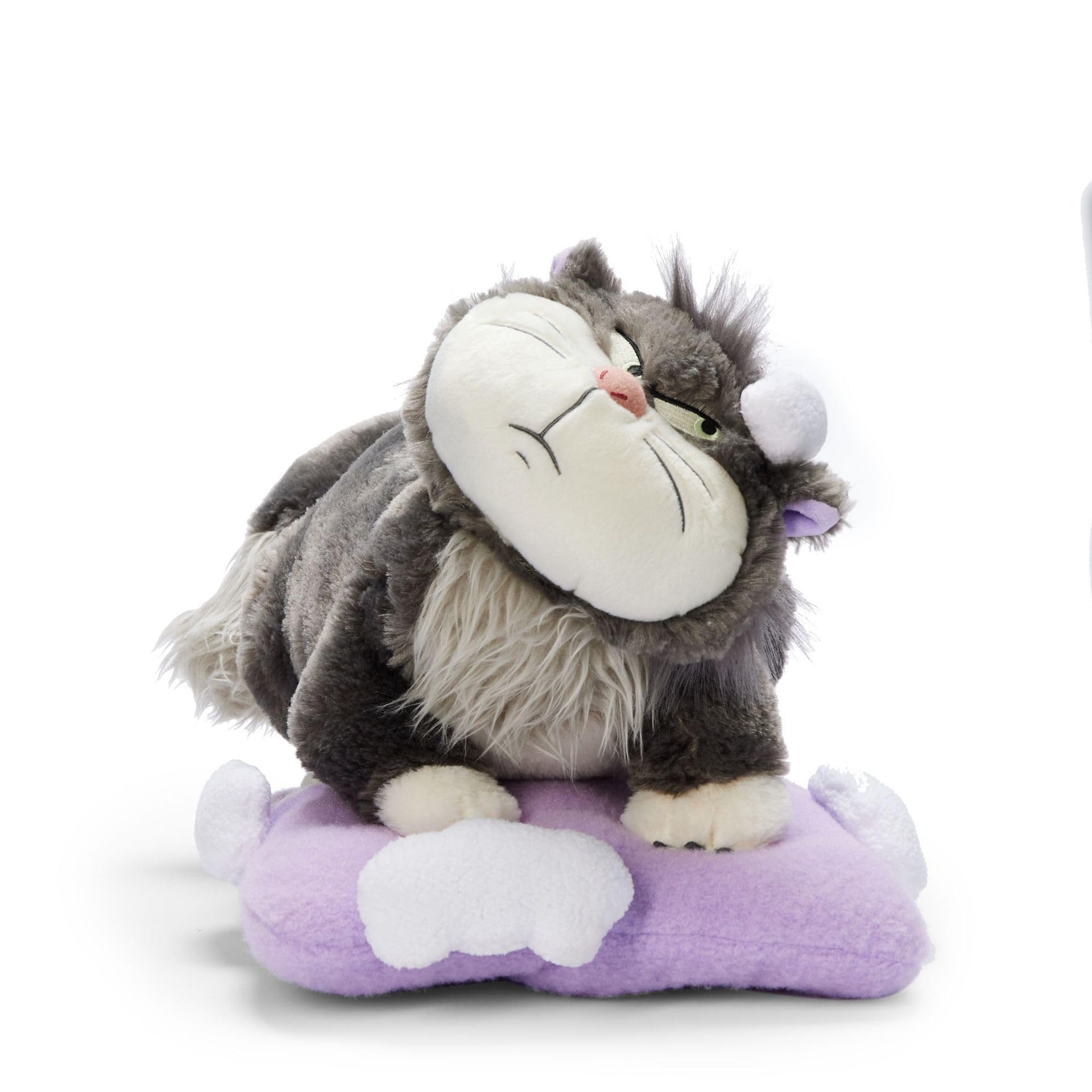 Disney Store Official Lucifer Plush Soft Toy from Cinderella with Purple Pillow, Fluffy Cat Collectable - Black/White/Purple 28cm