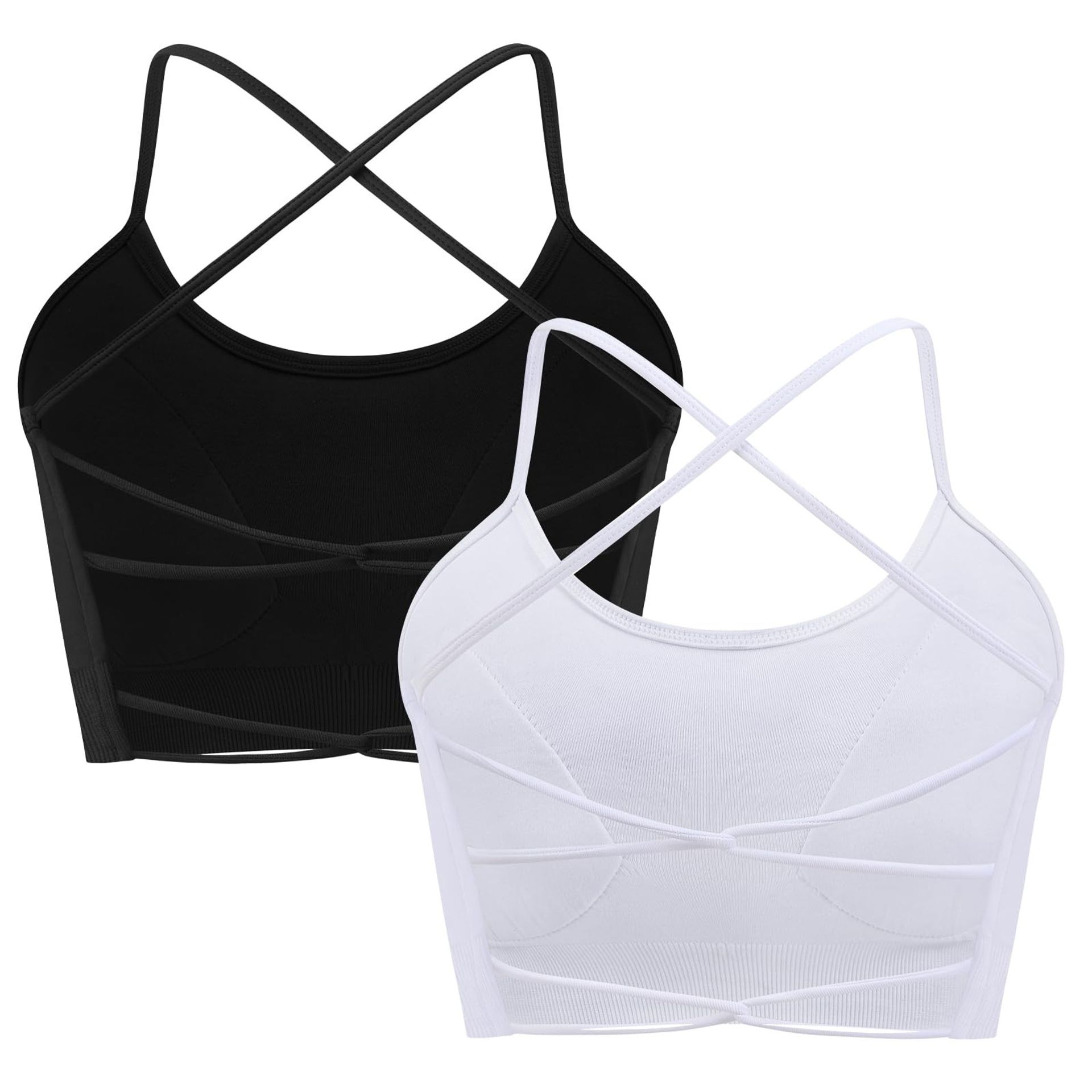 Women's Cross Back Sports Bra Seamless Padded Wireless Bustier Crop Top for Yoga, Gym and Fitness - Black+White XL