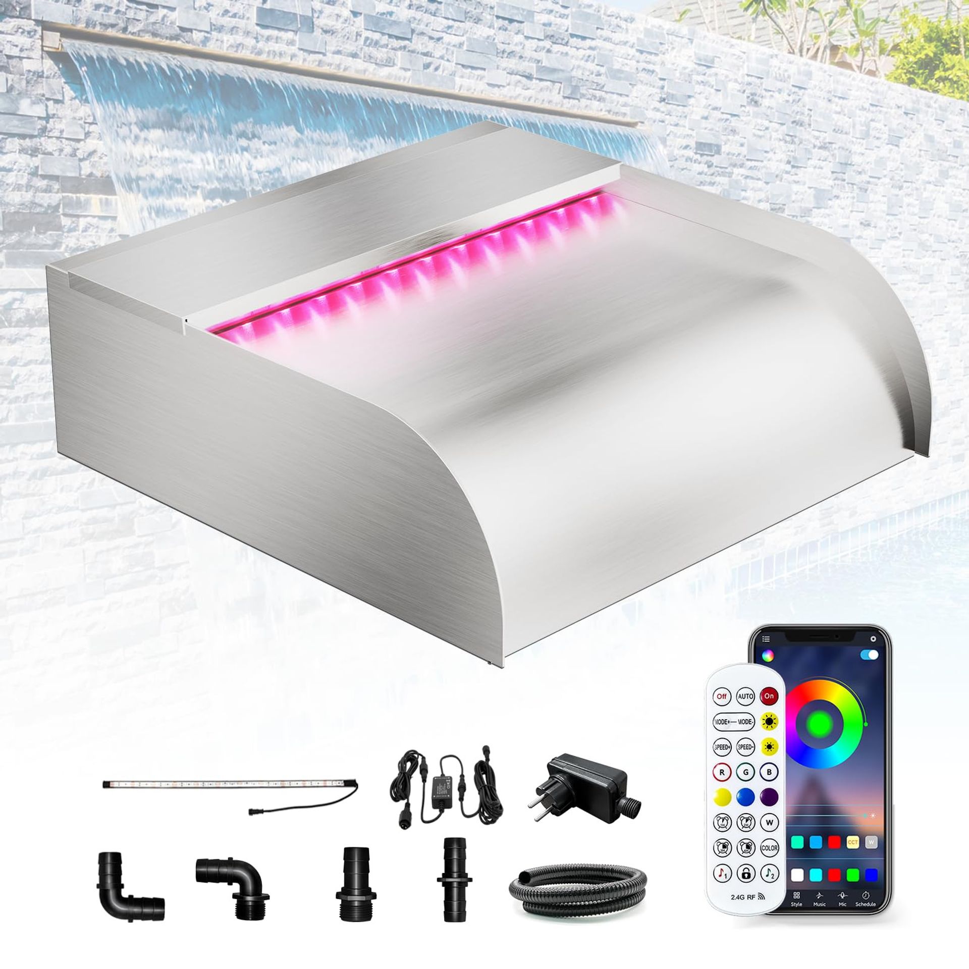 Stainless Steel Pond Waterfall Blade Kit with Bluetooth LED Lights and Remote Control, Outdoor Water Feature Spillway - Bluetooth 30x31x10CM