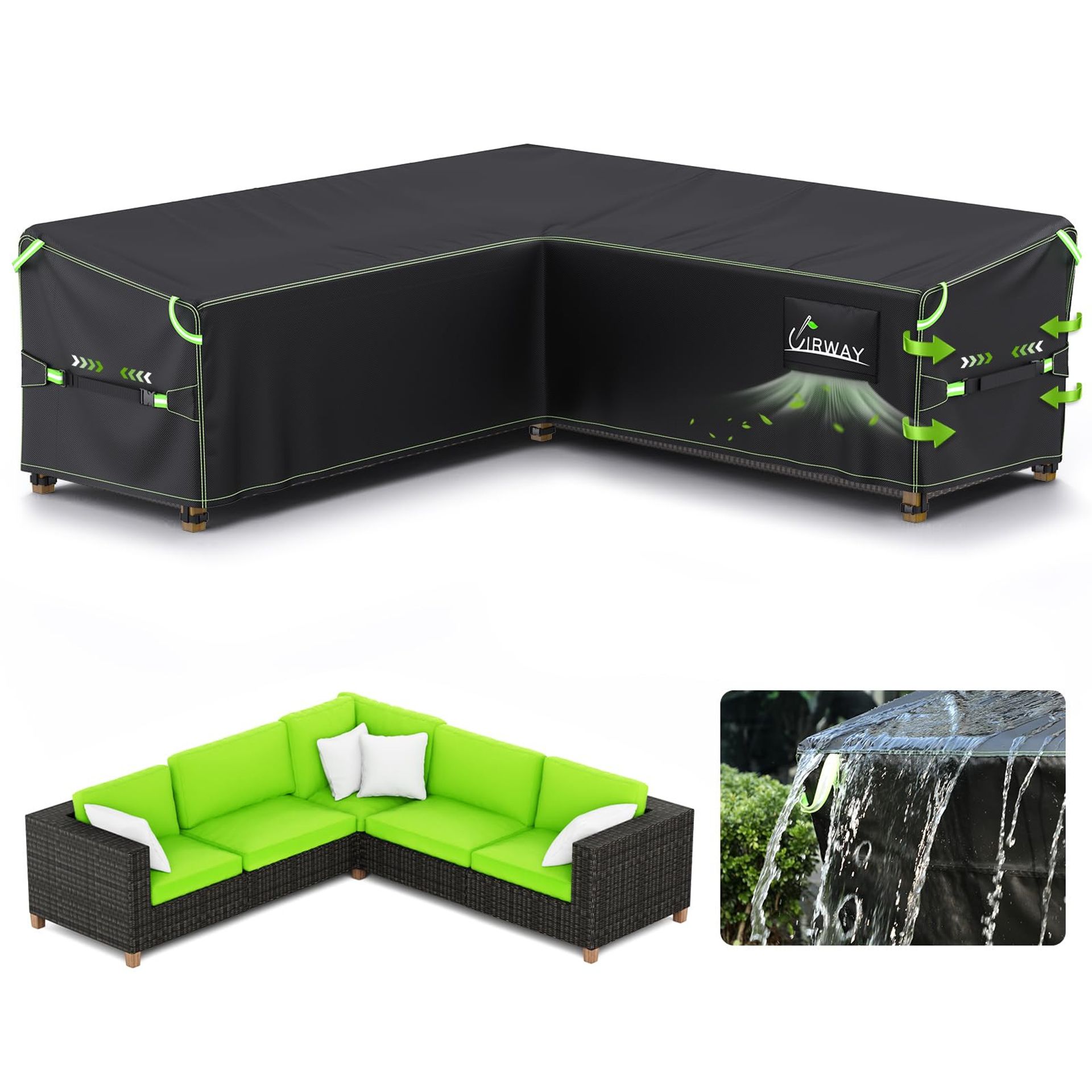 V-Shape Garden Furniture Cover Waterproof Heavy Duty 420D Oxford Fabric with Air Vent & Reflective Strips - Green 300x300x87cm