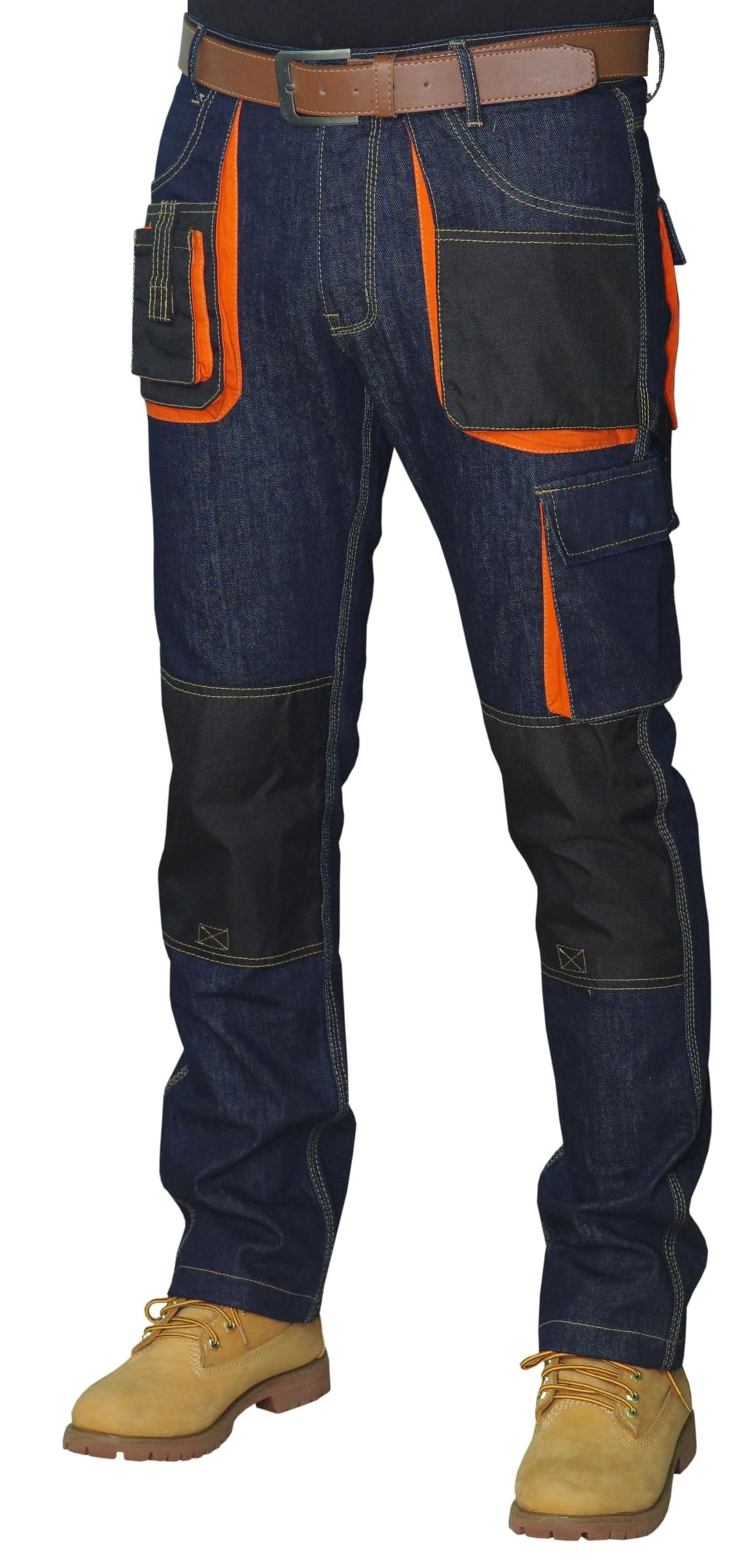 Men's Heavy Duty Work Cargo Jeans with Multi Pockets and Knee Pad Reinforcements - Blue-5 30W/30L