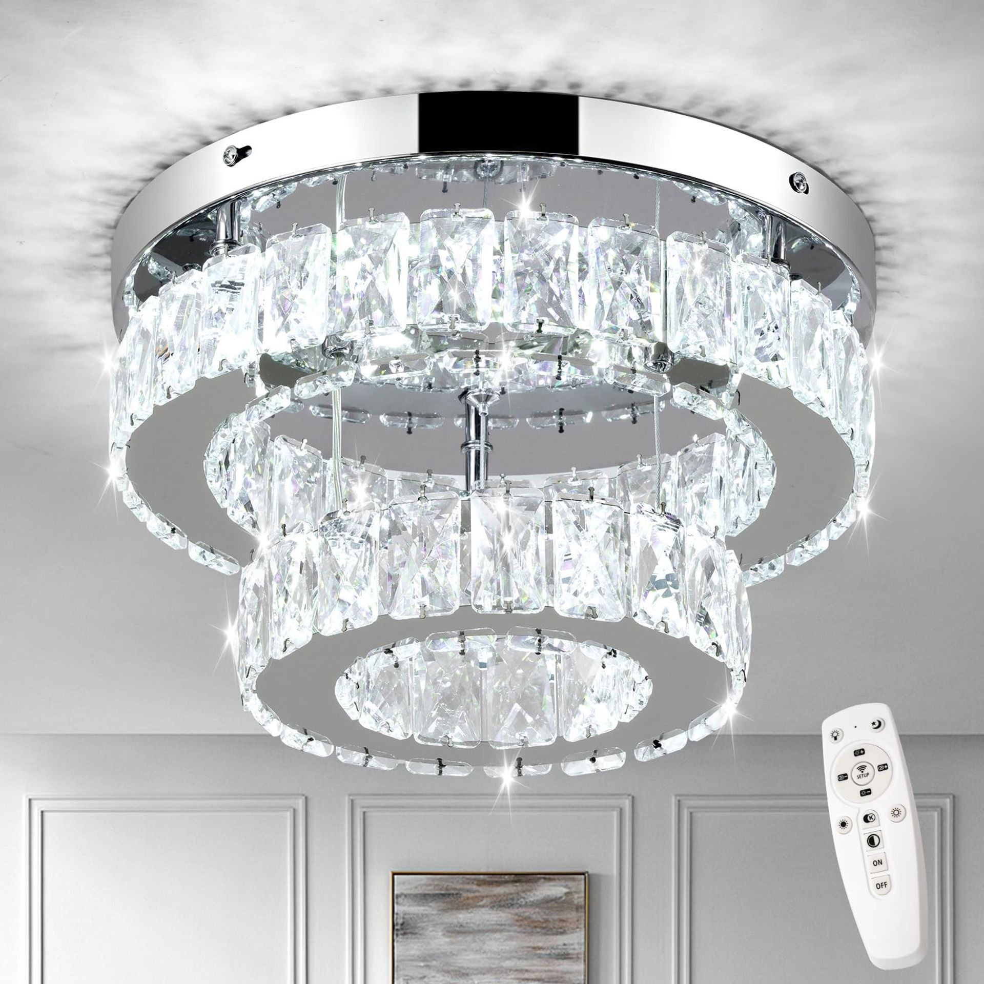 Dimmable Crystal Ceiling Light LED Flush Mount 2-Tier Modern Chandelier with Remote Control for Living Room or Bedroom - Mc006-dma 11.8 inch