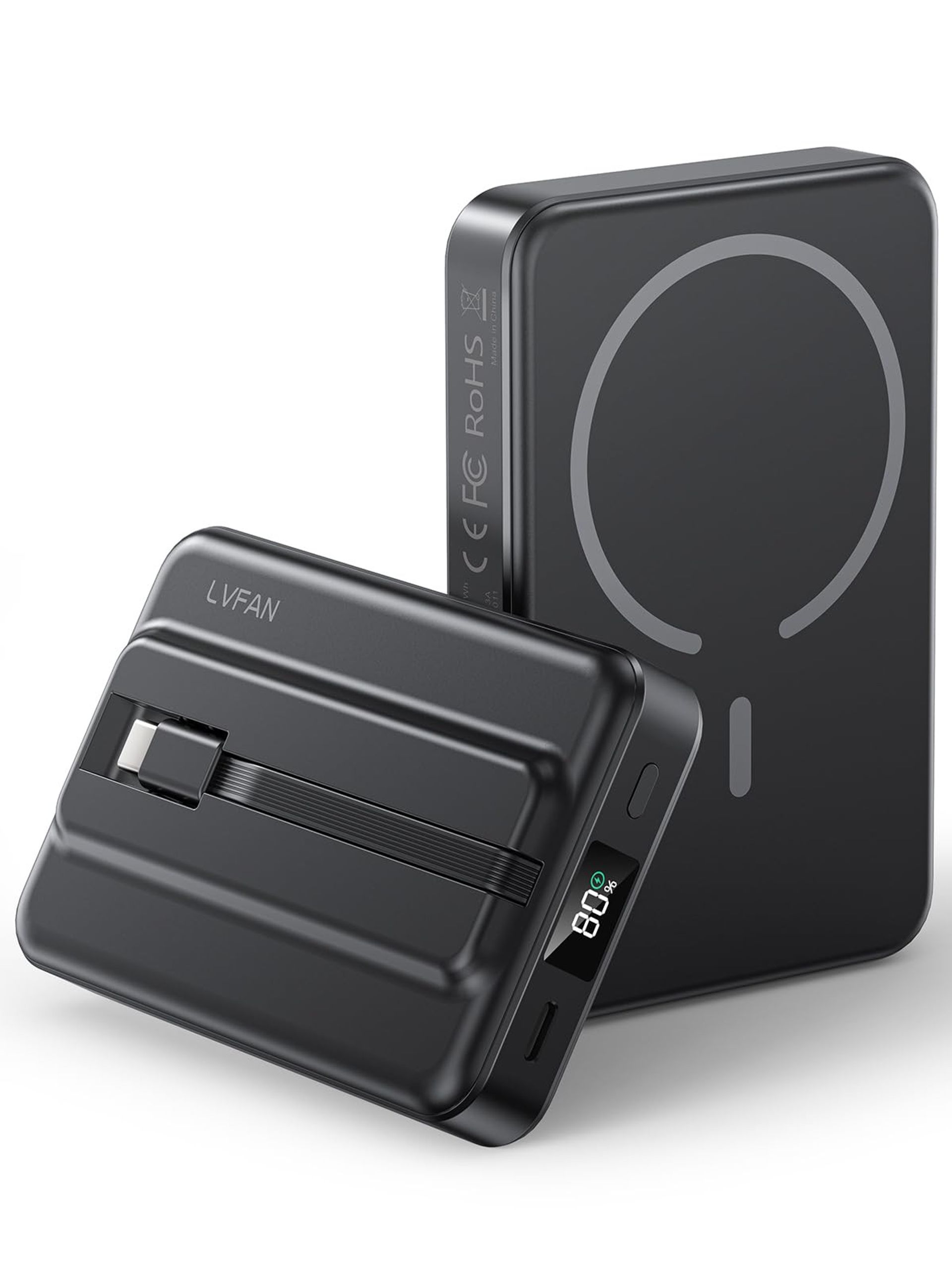 Magnetic Power Bank 10000mAh Wireless Portable Charger with Built-in USB-C Cable and PD Fast Charging for iPhone, Samsung & Pixel - Black N2011