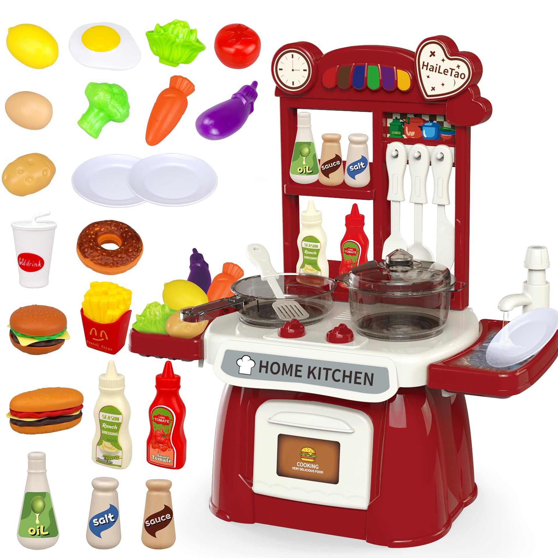 Children's Pretend Play Kitchen Set with Running Water, Light & Sound Stove, Dinnerware & Food Accessories - Red Kitchen