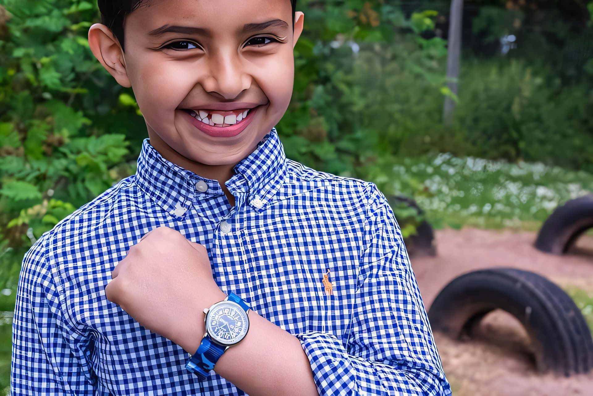 Children's EasyRead Time Teacher Analogue Watch Learn to Tell Time 12-24 Hour Face - Black Face Blue Camo Strap