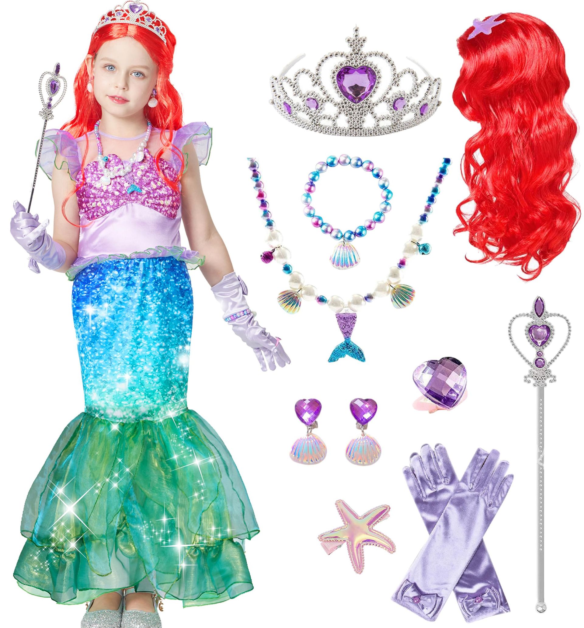 Girls Mermaid Fancy Dress Outfit with Tutu Skirt & Accessories - Mermaid B 8-10 Years