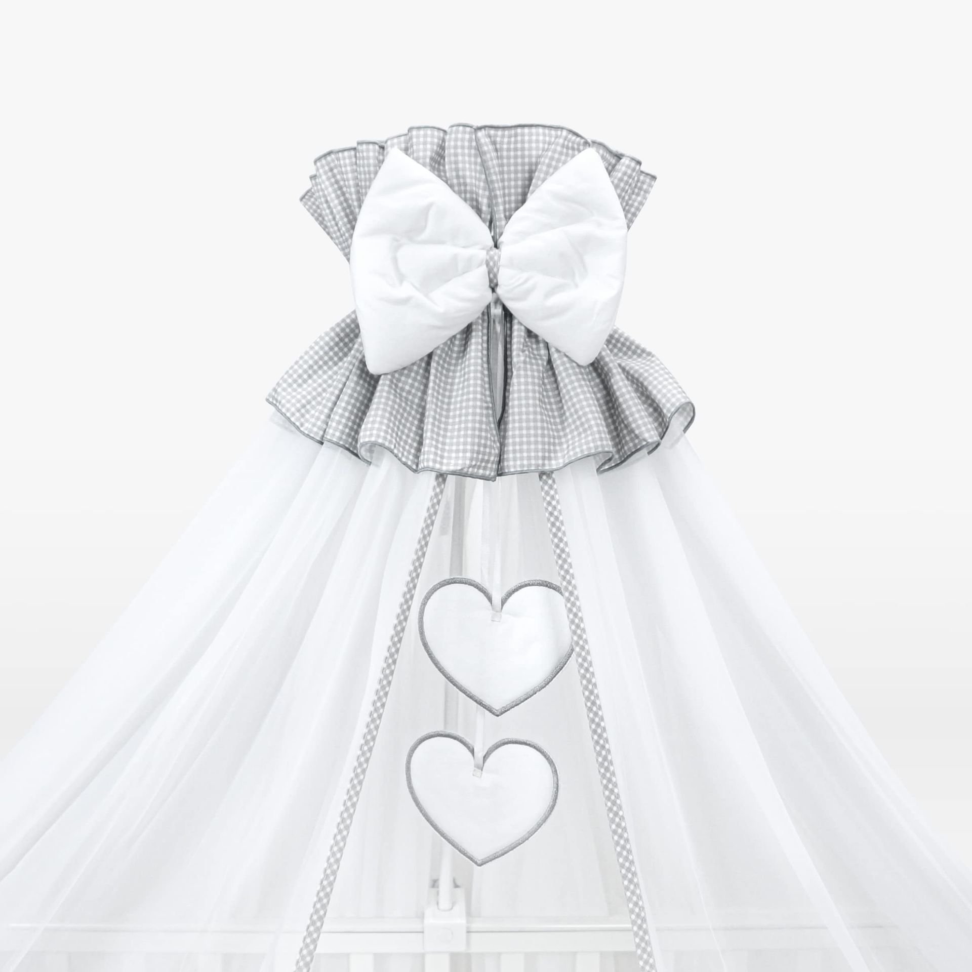 Baby Cot Bed Crown Canopy with Decorative Bow & Hanging Hearts 100% Cotton & Polyester Mesh - Hearts Grey 485x165 cm