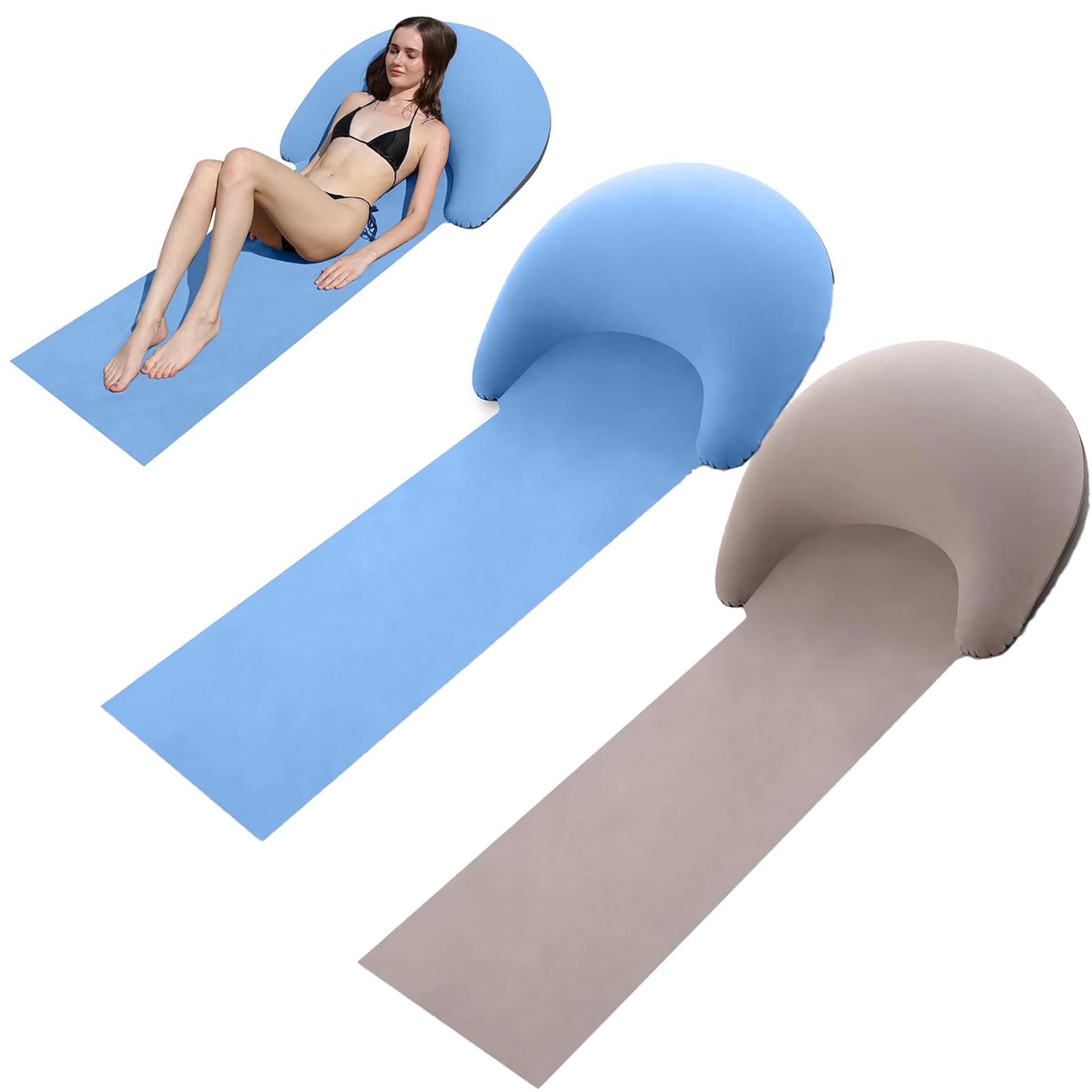 2 Pack Beach Blanket with Inflatable Headrest Portable Lounger Mat for Relaxing and Sunbathing - Khaki + Light Blue One Size