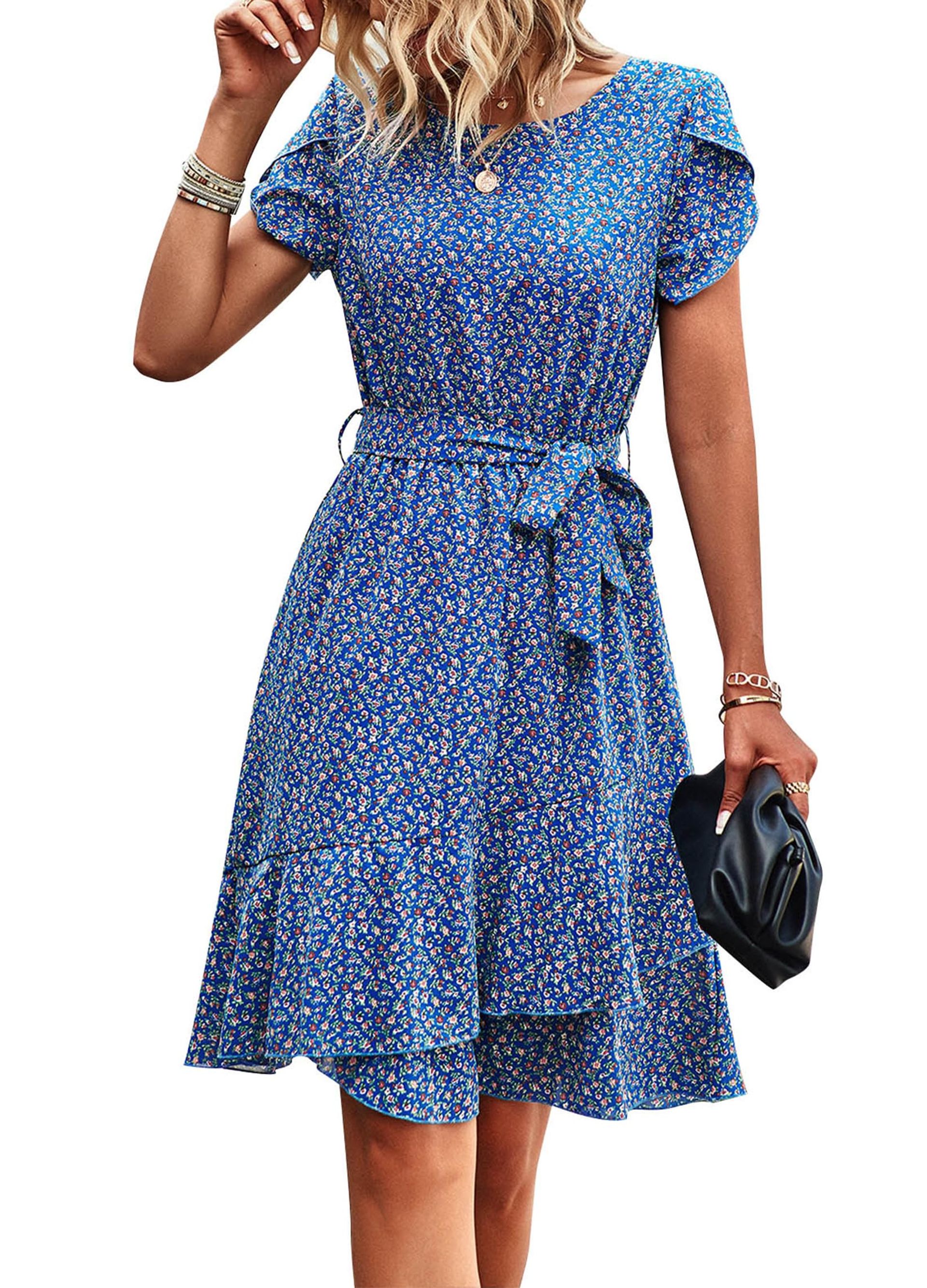 Women's Summer Boho Midi Dress Floral Beach A-Line Casual with Belt - Royal Blue L