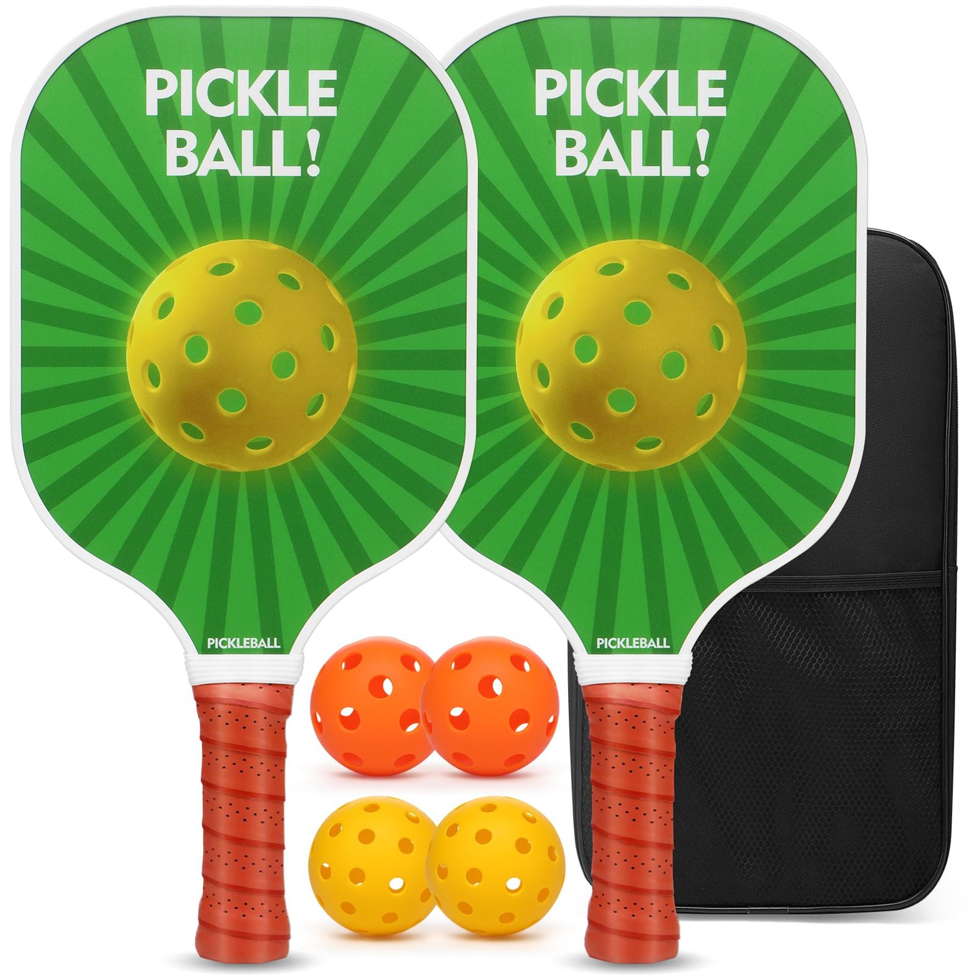Pickleball Paddle Set with 2 Fibreglass Paddles, 4 Balls & Carry Bag for Indoor/Outdoor Play - Green 40x19.5x1.2cm