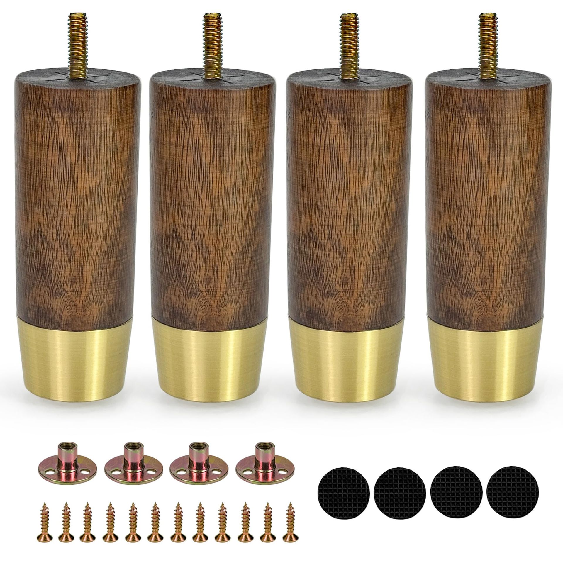 12cm Wooden Furniture Legs with Gold Cap Set of 4 for Sofa, Armchair, Cabinet and Bed - Dark Brown 5inch
