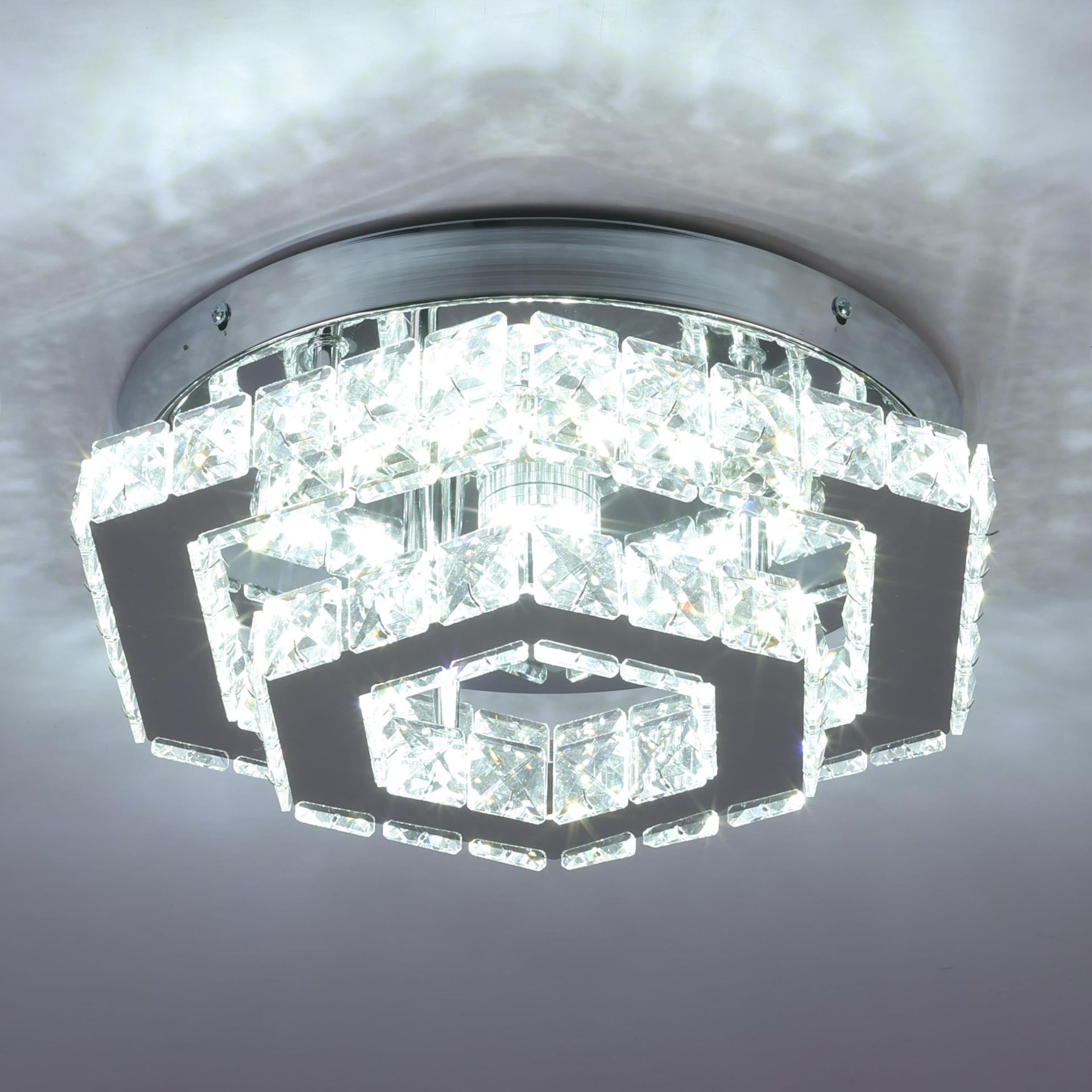 LED Crystal Ceiling Light 33cm Modern Hexagon Flush Mount 3 Colour Temperatures Stainless Steel & K9 Crystal - Polygon-3 Coloured DBX014-Trip Color
