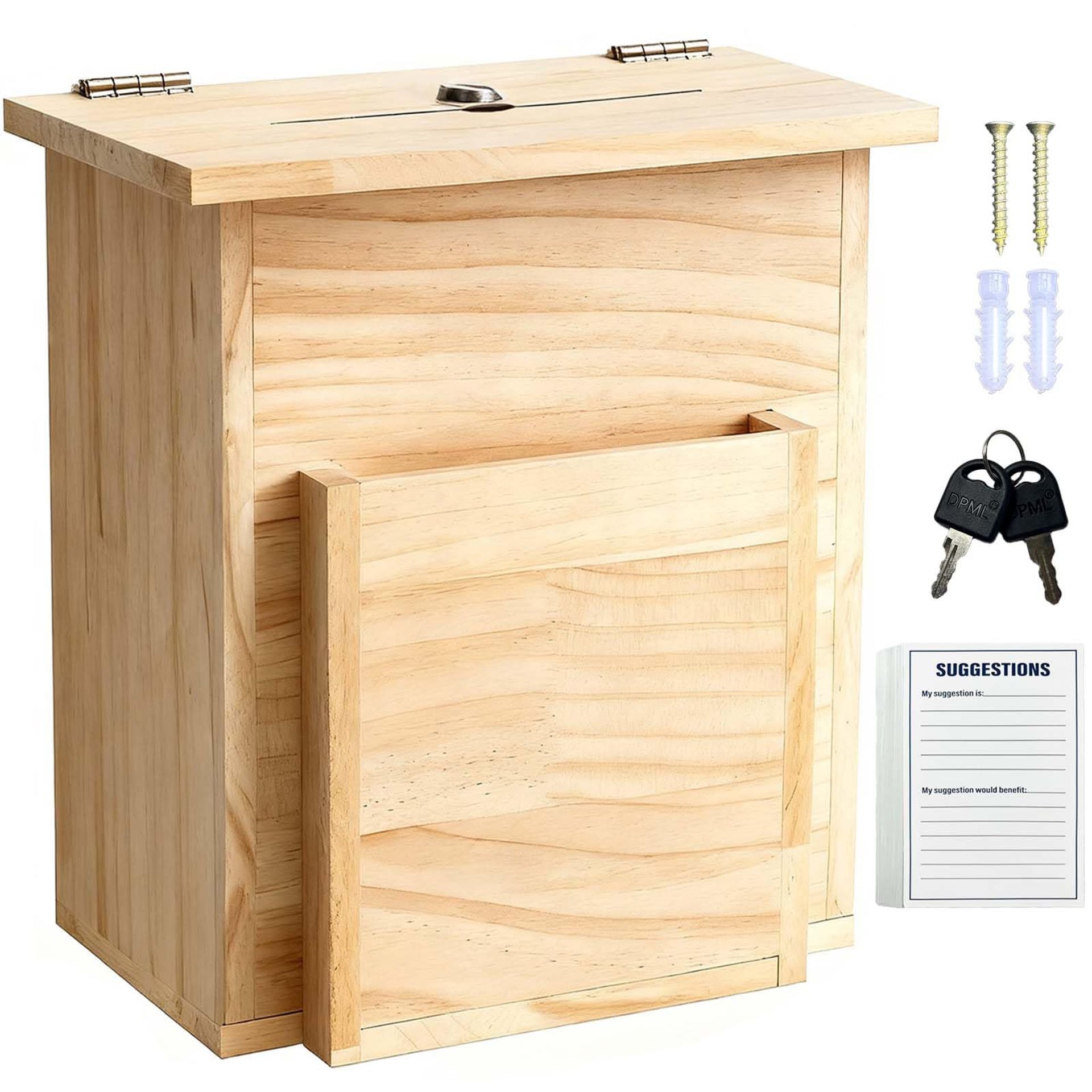 Wooden Suggestion Box Lockable with 50 Cards and Keys for Feedback, Comments or Donations - Natural 8.6x5.9x9.8in