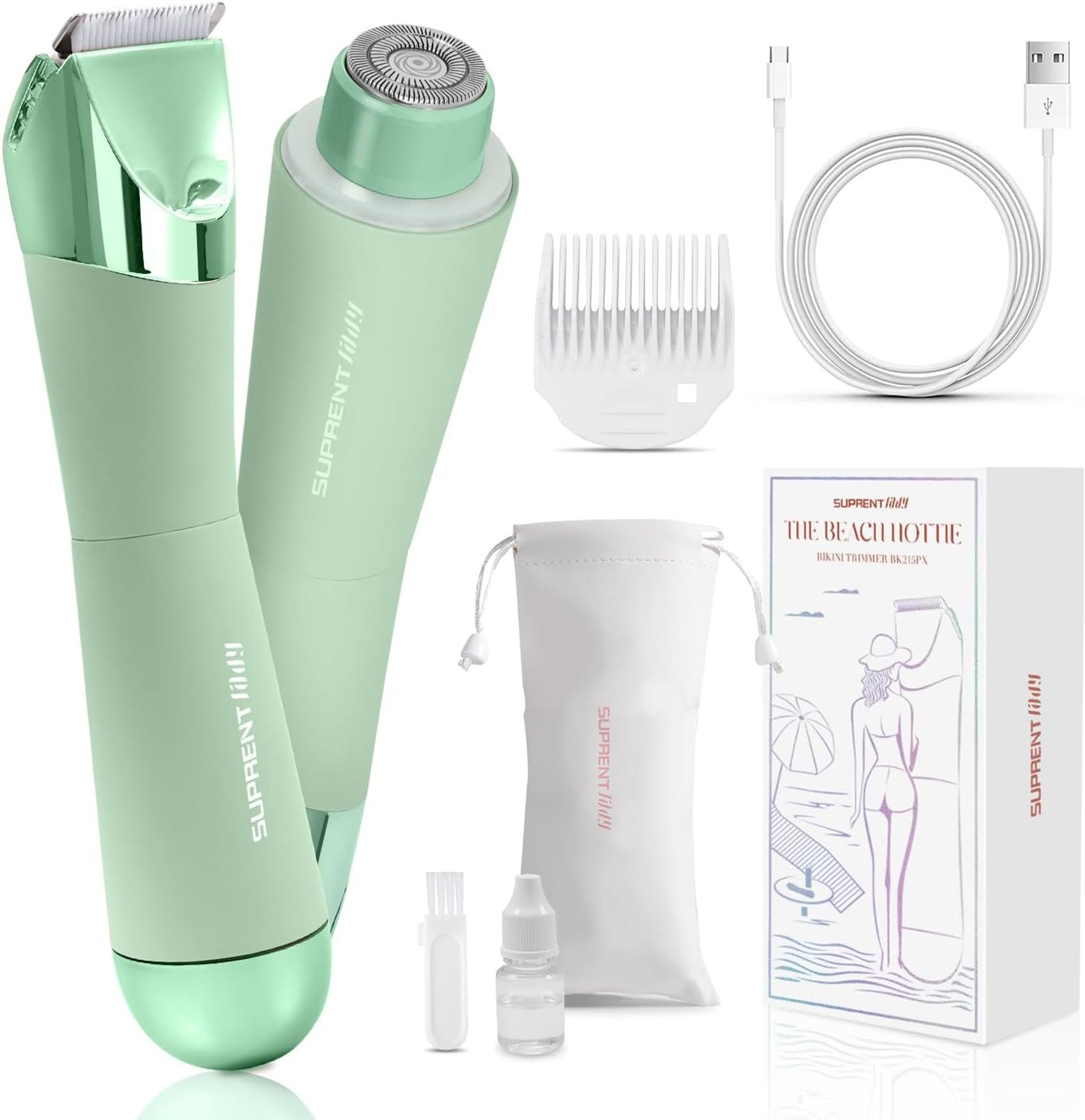 SUPRENT 2-in-1 Electric Lady Shaver Painless Waterproof Facial & Body Hair Trimmer USB-C Rechargeable - Green BK215EX