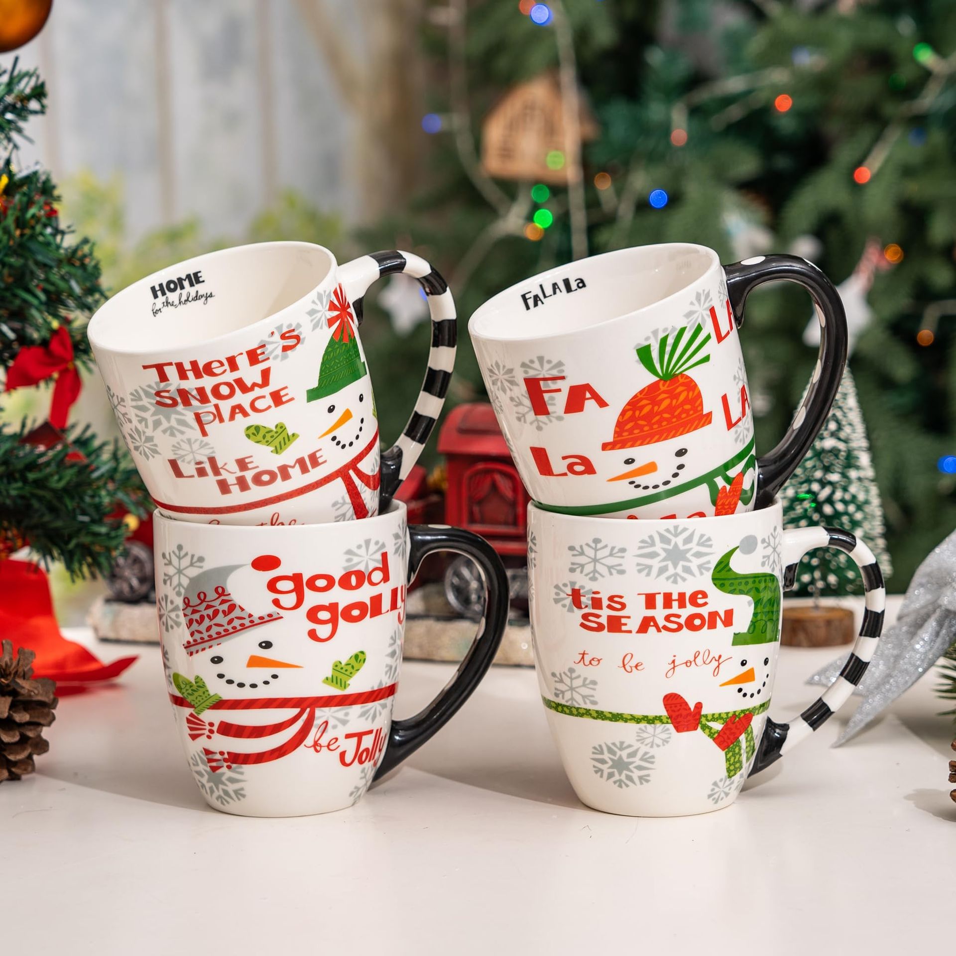 Christmas Ceramic Coffee Mug Set of 4 Large 18oz Cups Truck, Snowman, Gnome & Tree Designs - Christmas 10cm x 12cm