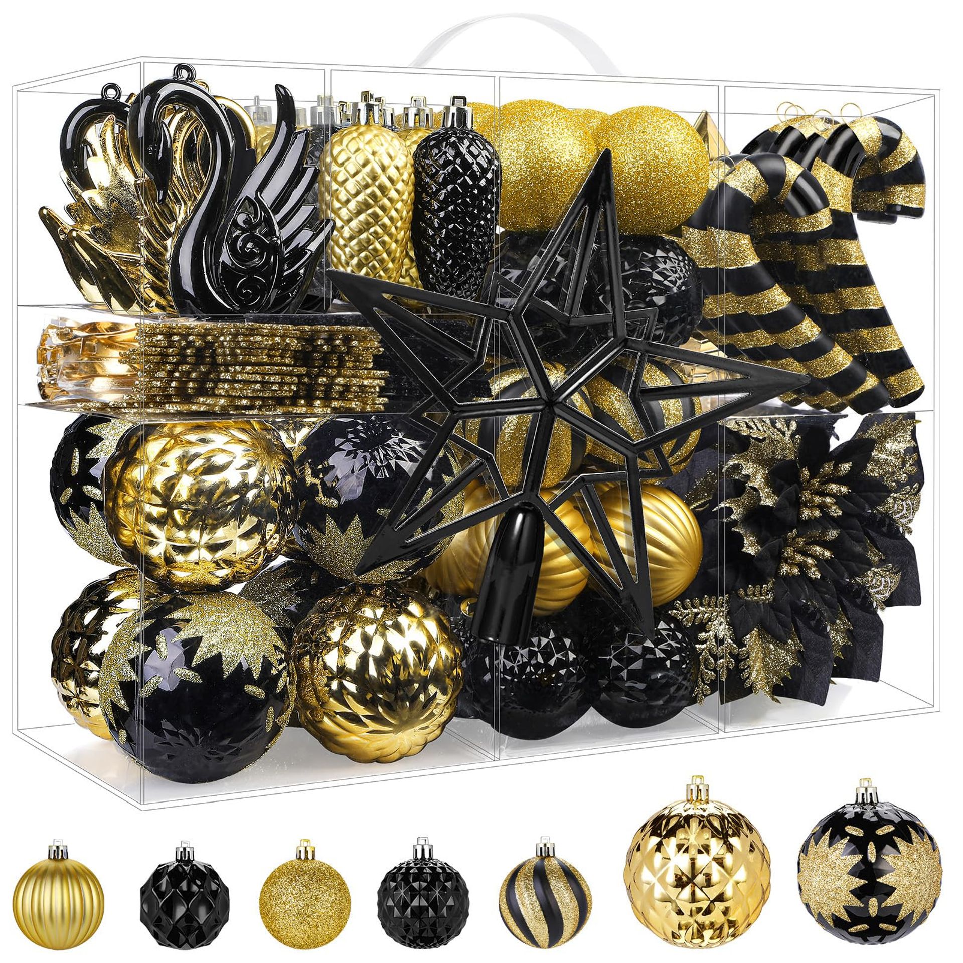 128 Piece Shatterproof Christmas Tree Decorations Set with Baubles, Flowers, Ribbon & Star Topper - Black & Gold