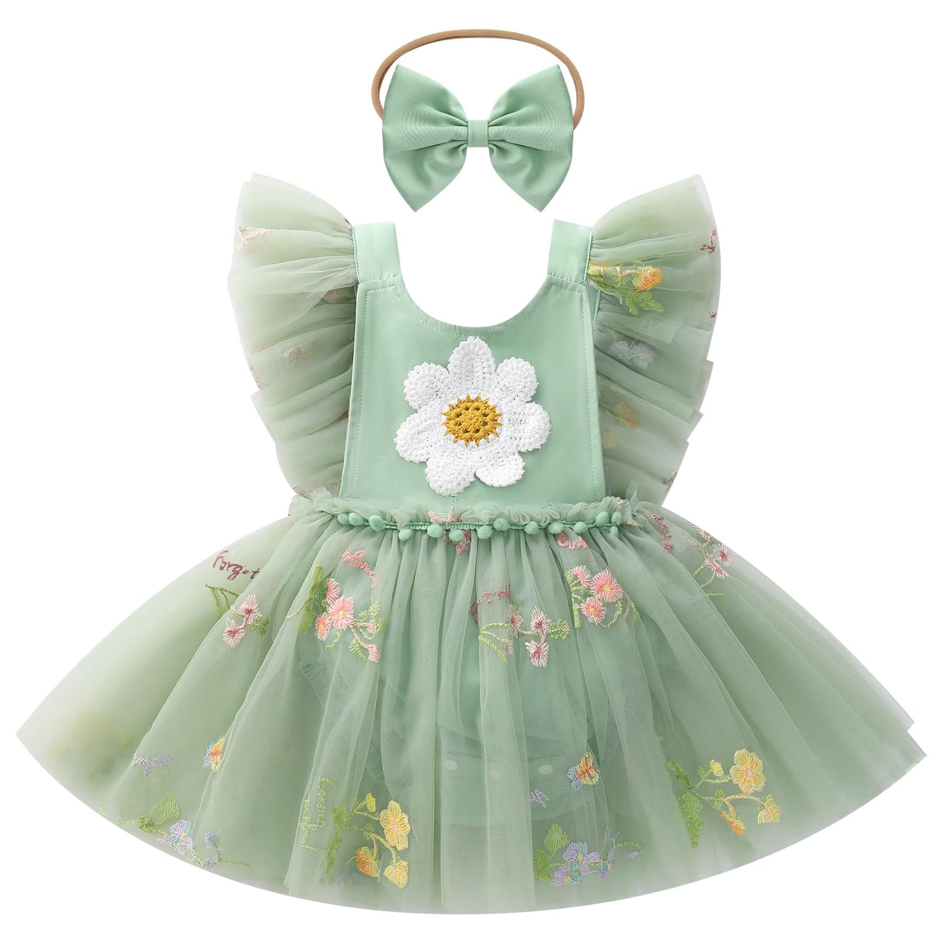 Baby Girl Princess Tutu Romper Dress 1st Birthday Cake Smash Outfit with Floral Embroidery and Headband - Green 18-24 Months