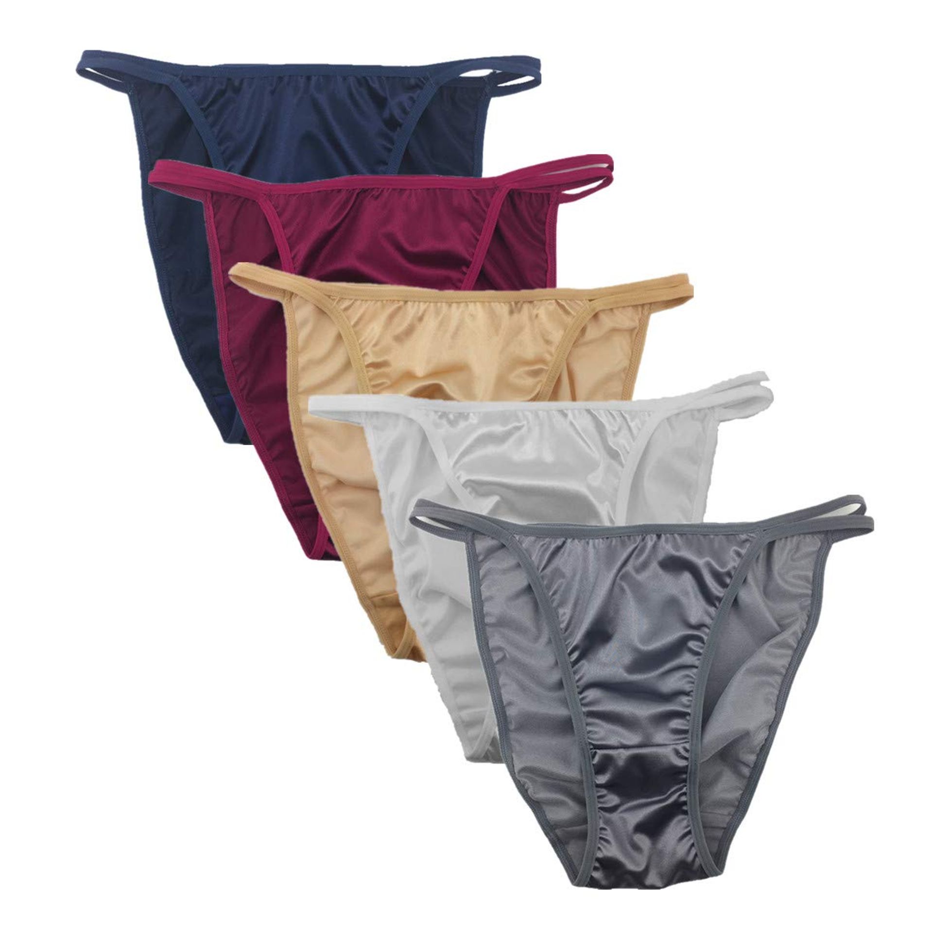 Women's Satin String Bikini Knickers High Cut Briefs 5 Pack Soft Nylon Everyday Comfort Underwear - Colour1 S