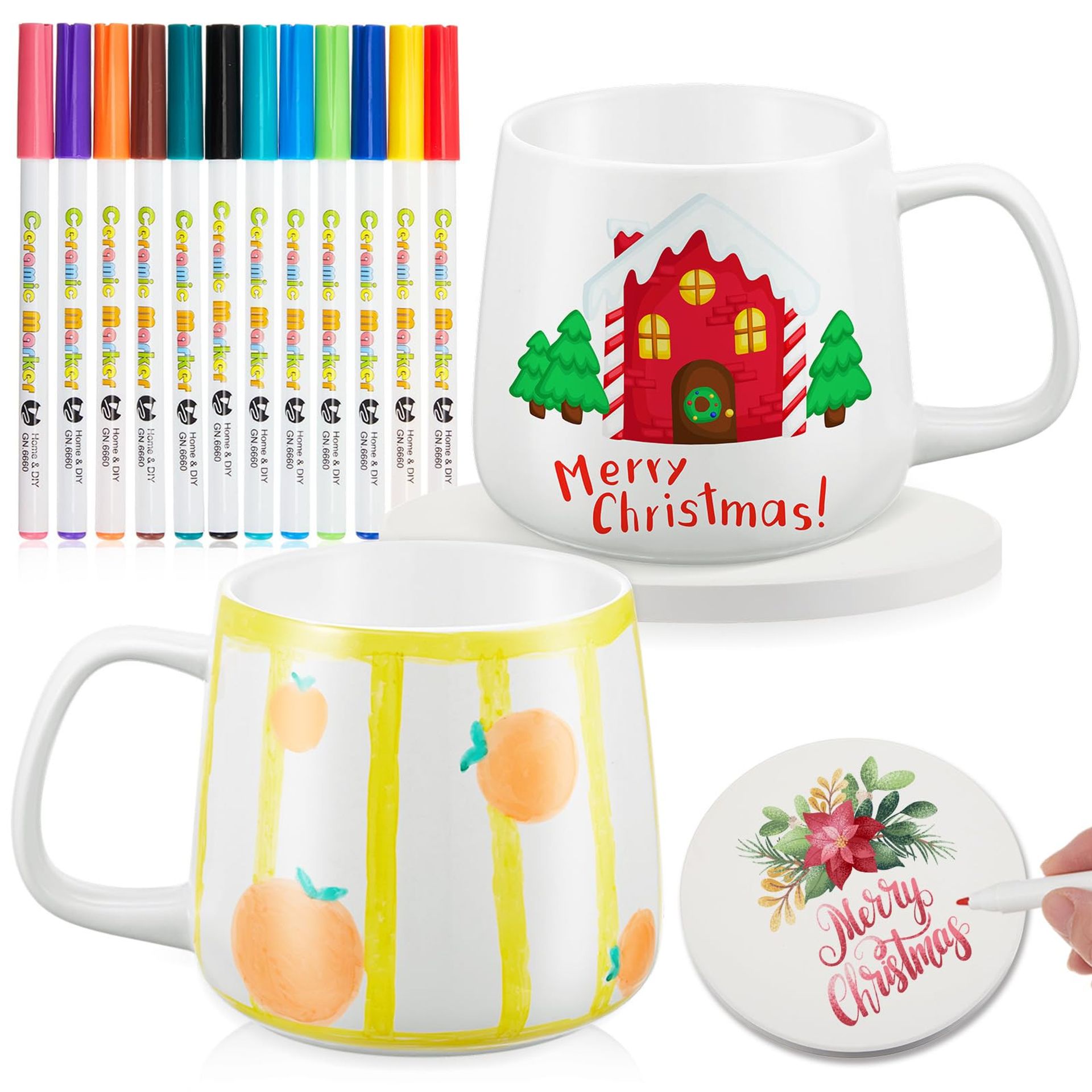 2 Pack Paint Your Own Mug DIY Kit with 12 Paint Colours & Brushes - White 400ml Big Belly Style