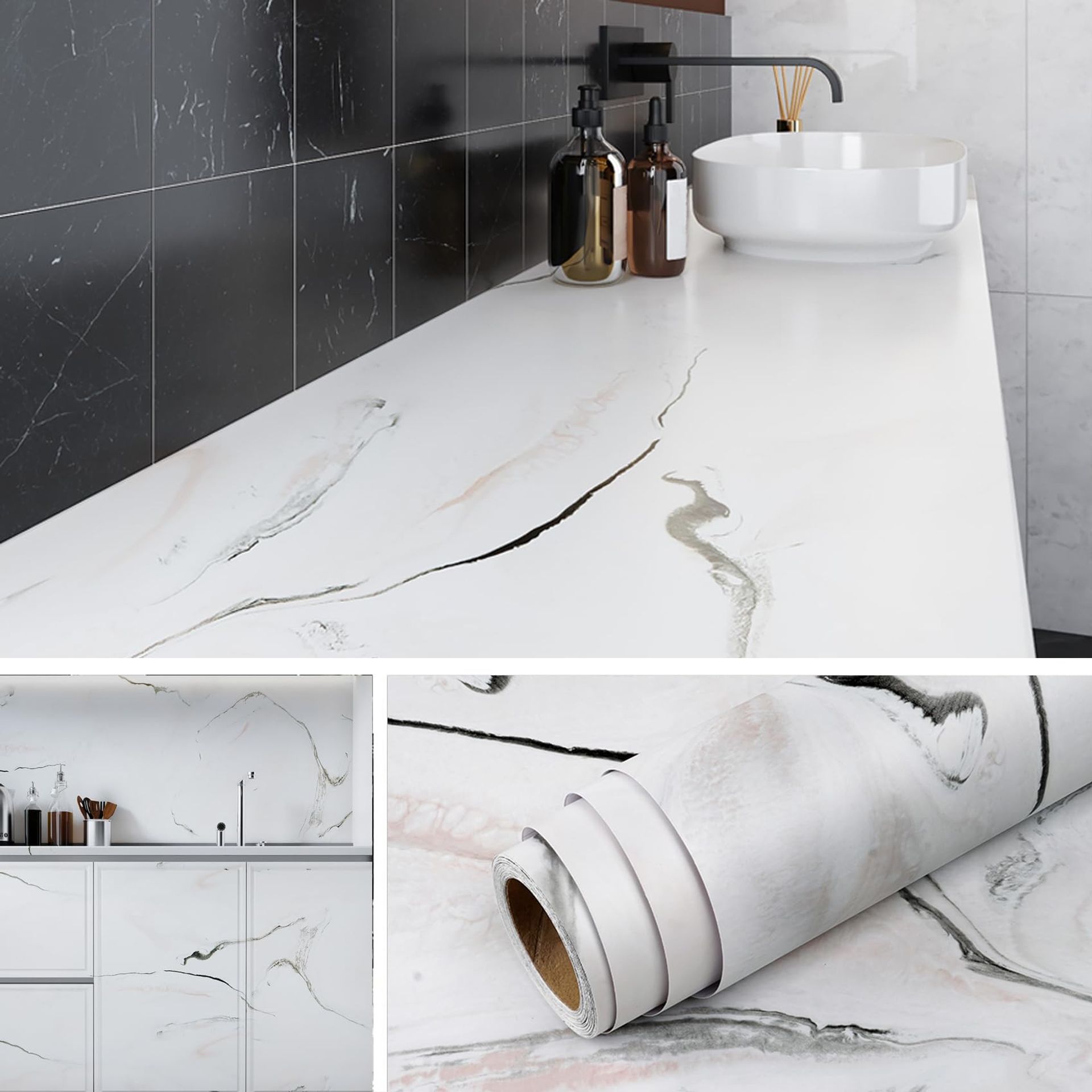 Marble Effect Vinyl Wrap Self Adhesive Kitchen Counter Cover Worktop Film 40cm x 10m - Marble White