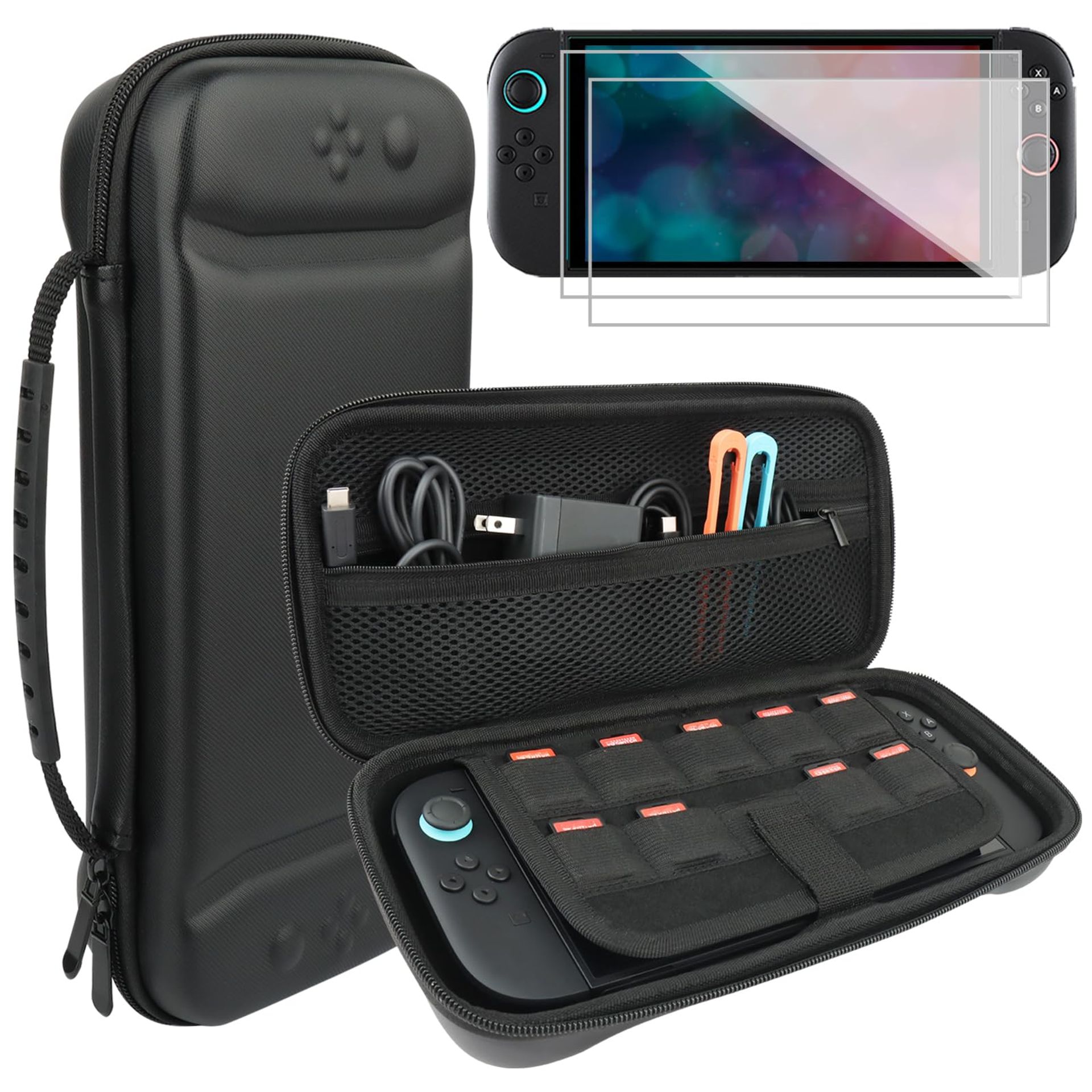 Carrying Case for Nintendo Switch 2 with 2 Tempered Glass Screen Protectors Portable Hard Shell Travel Kit - Black