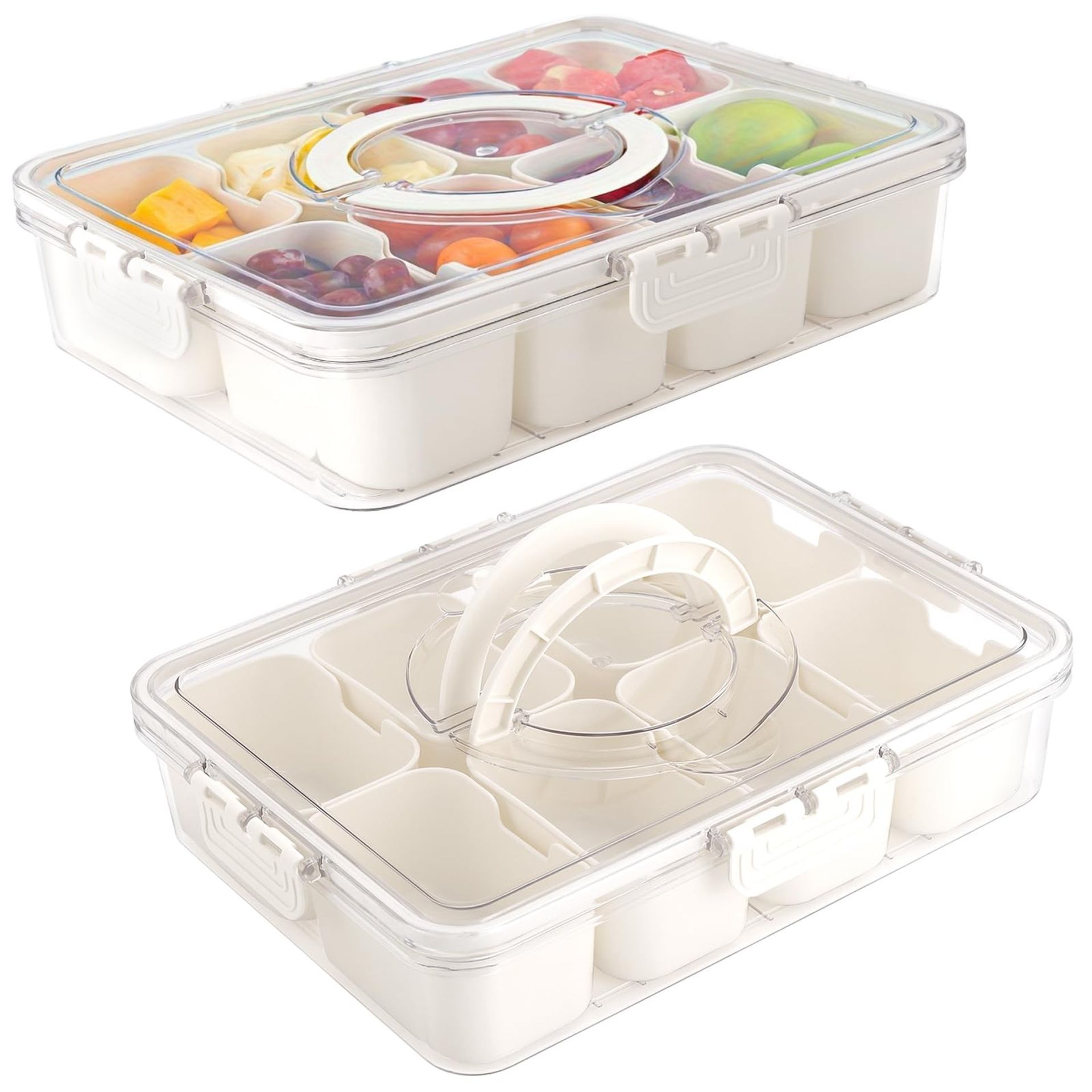 2 Pack Snackle Box Containers Clear Plastic Divided Serving Tray with Lid and Handle 8 Compartments Food Organiser - Transparent 28 cm