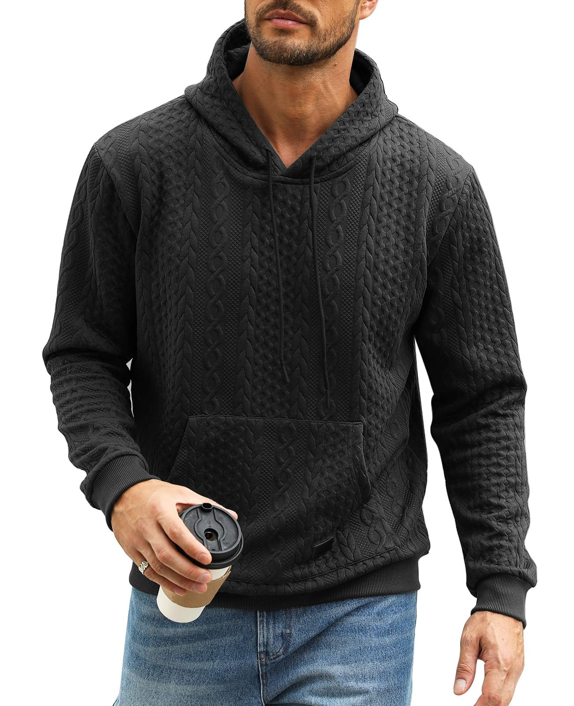Men's Pullover Hoodie Casual Long Sleeve Sweatshirt with Kangaroo Pocket - Black XXL