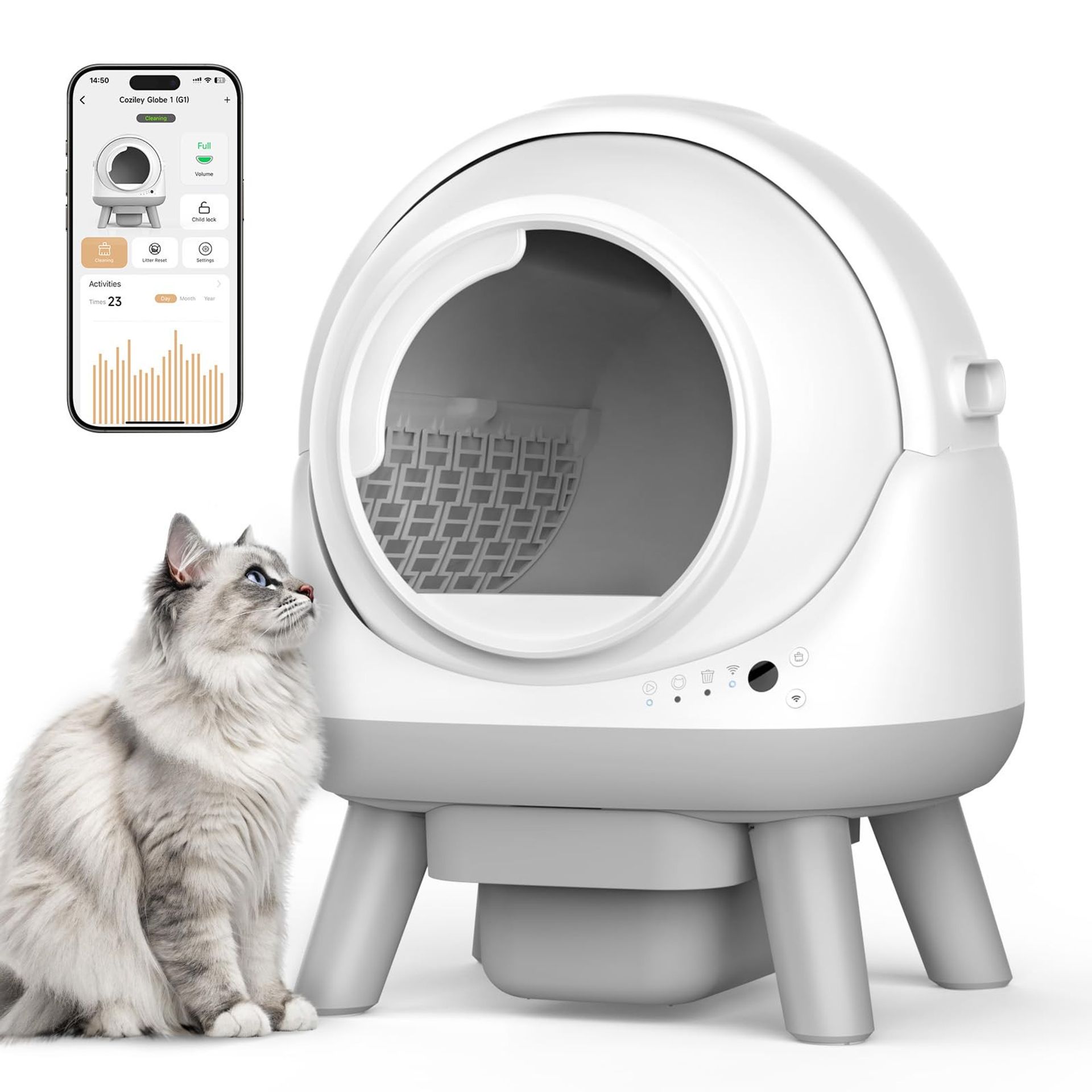 Automatic Self-Cleaning Cat Litter Box Smart APP Control Health Monitoring with Litter Mat & Trash Bags - White Medium to Large