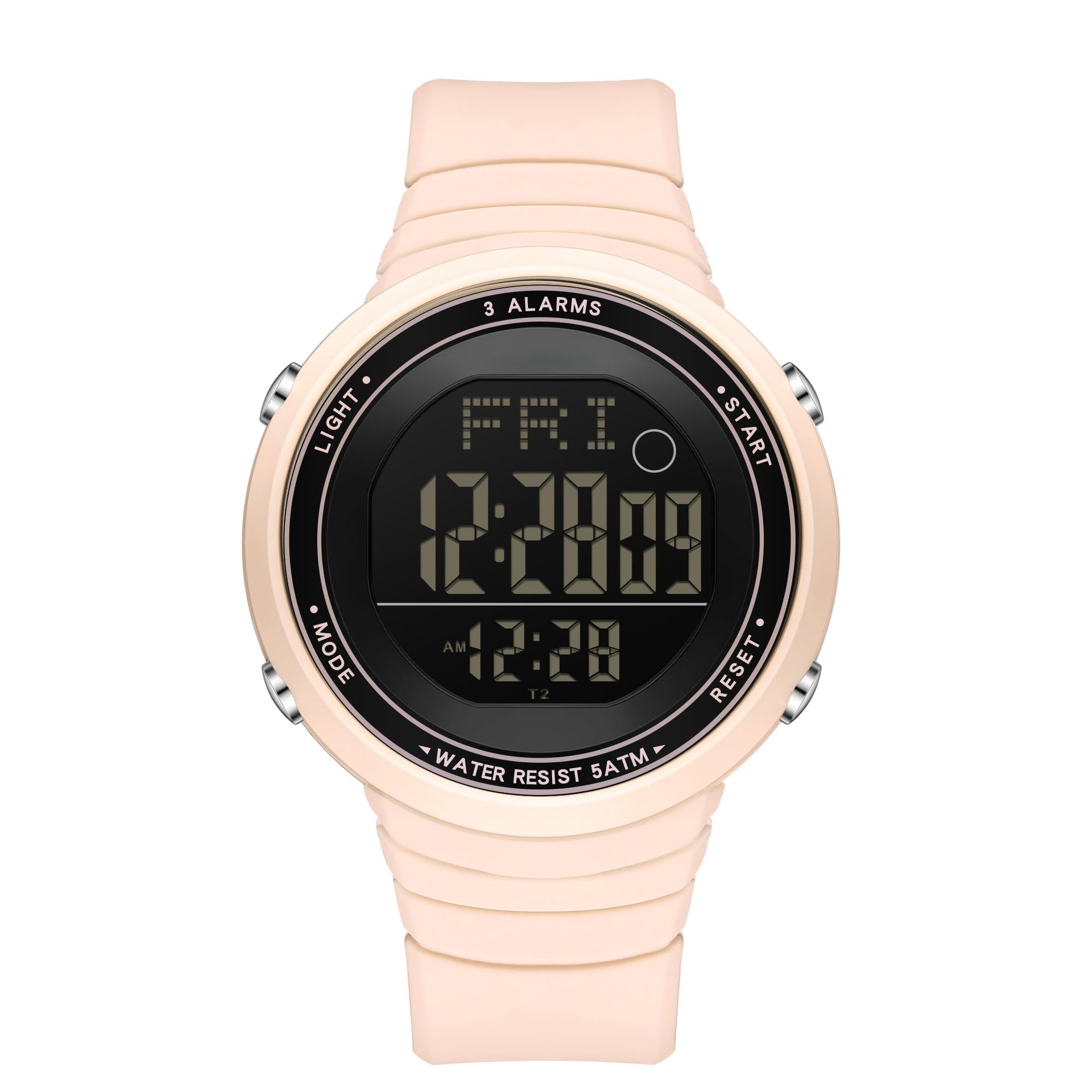 Ladies Digital Sports Watch Waterproof with LED Backlight and Large Easy-Read Numbers - Pink