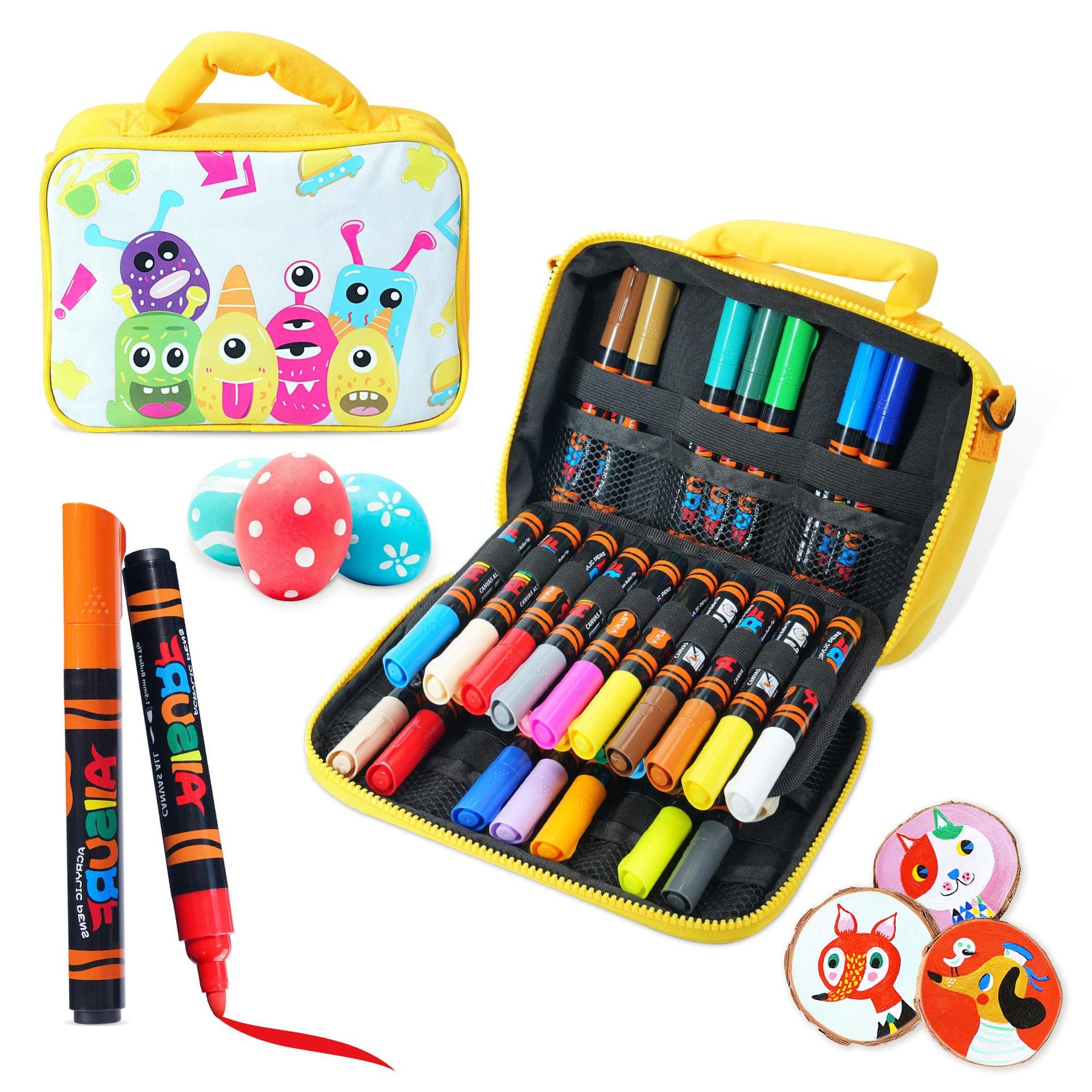 Acrylic Paint Pens Waterproof Permanent Fabric and Rock Markers Set of 24 for Kids & Adults - Yellow Bag with 24 Colours
