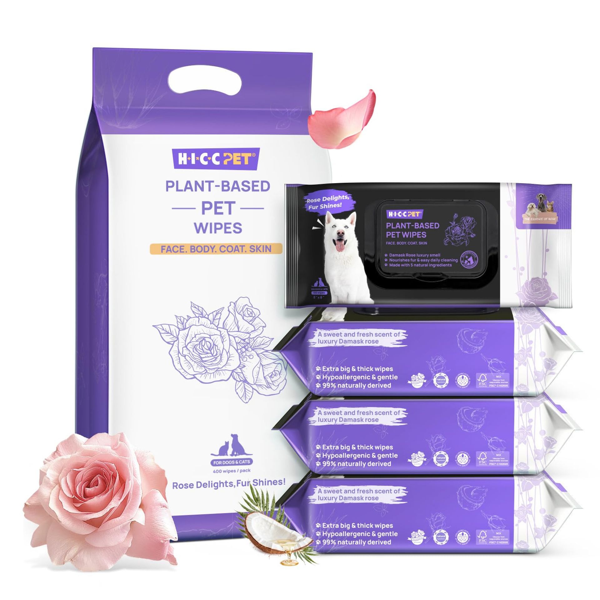 Pet Cleaning & Deodorising Wipes Plant-Based Gentle for Dogs & Cats Paws, Fur & Eyes - Rose 400 Counts