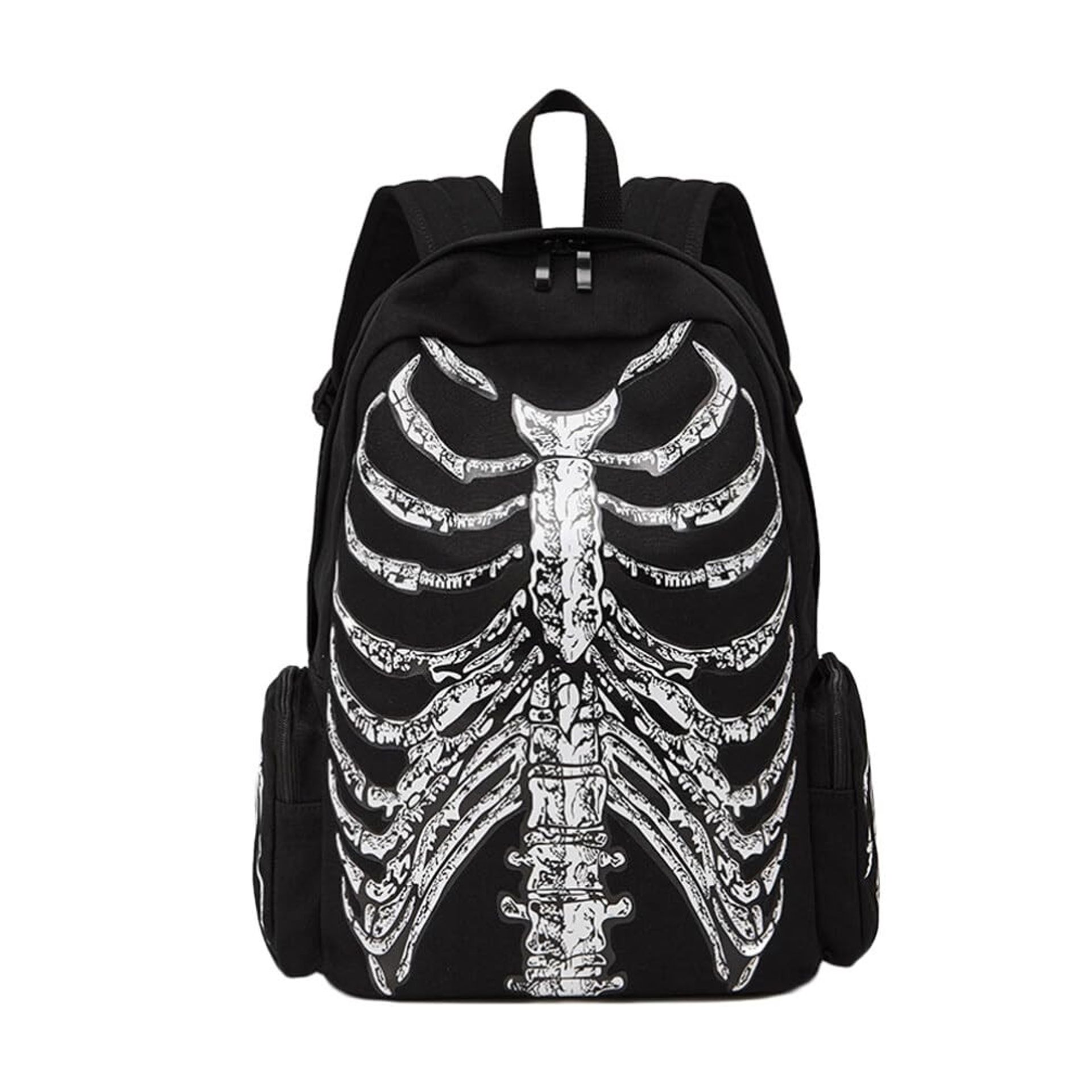 Punk Skeleton Print Canvas Laptop Backpack Gothic College Rucksack School Bag - White M