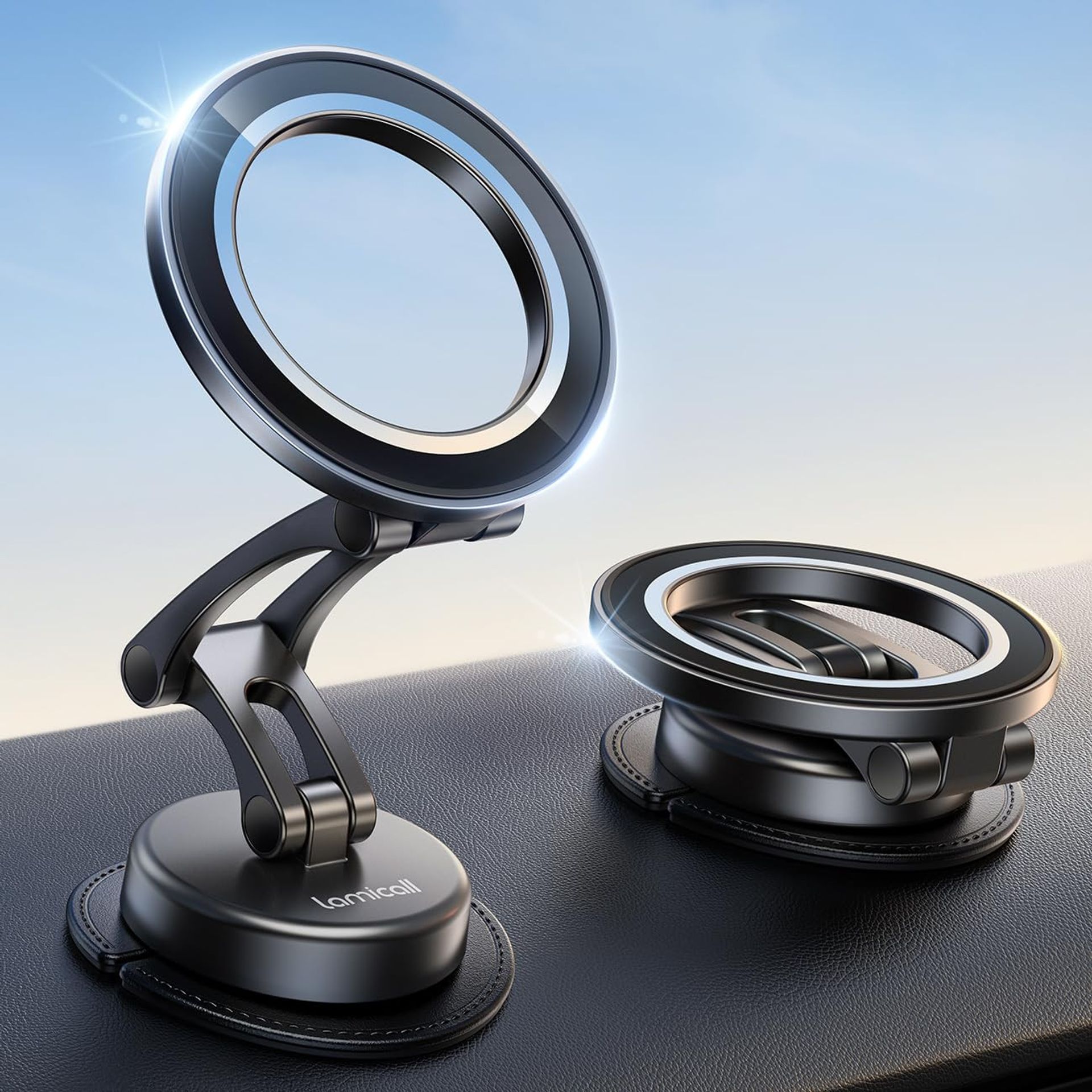 MagSafe Car Mount Three-Axis Adjustable Magnetic Phone Holder 360° Rotation Base TPU Gasket for Dashboard - Black