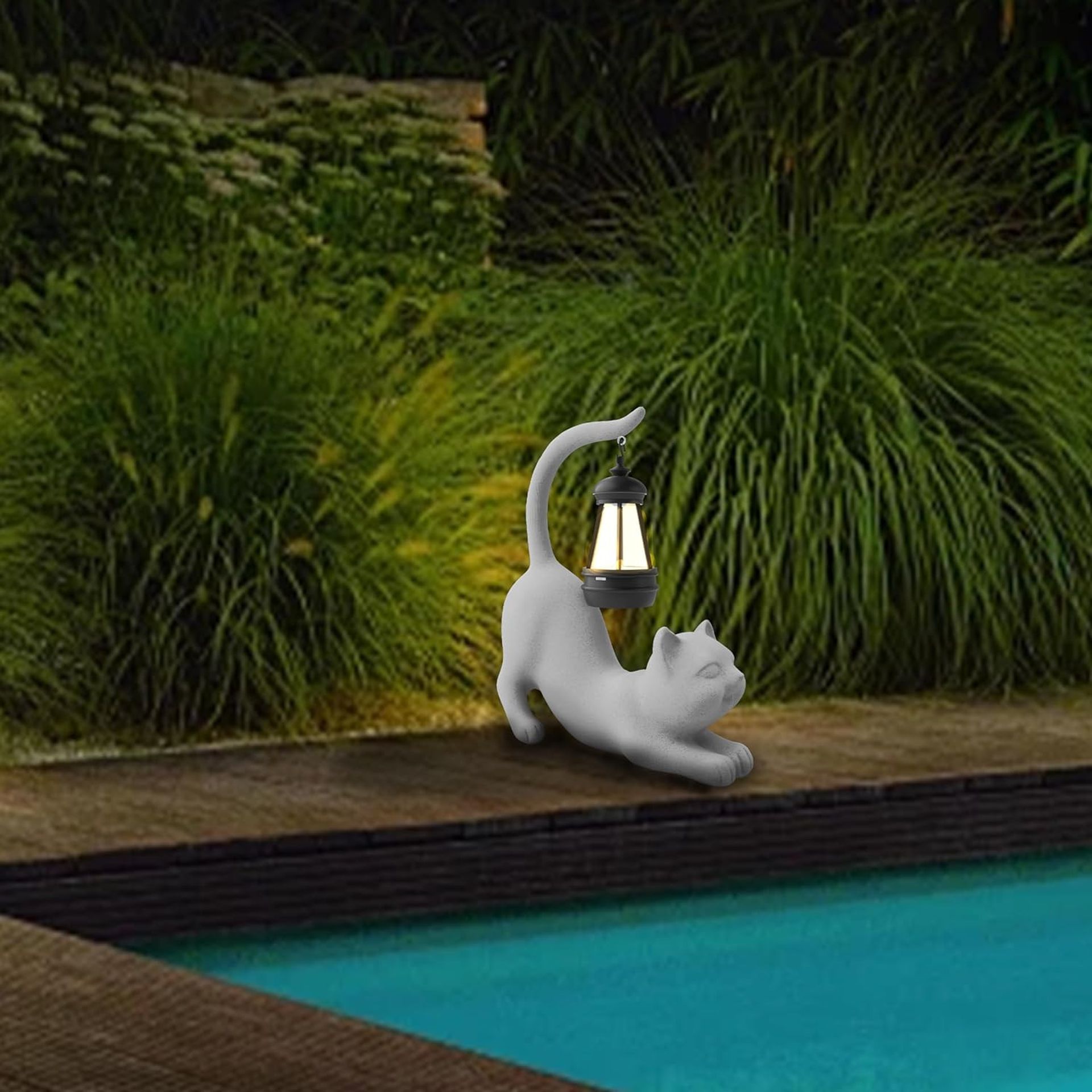 Solar Powered Cat Garden Statue Outdoor LED Light Waterproof 10 Inch Animal Ornament for Patio, Lawn or Balcony - White FZY24 - Spring Refresh