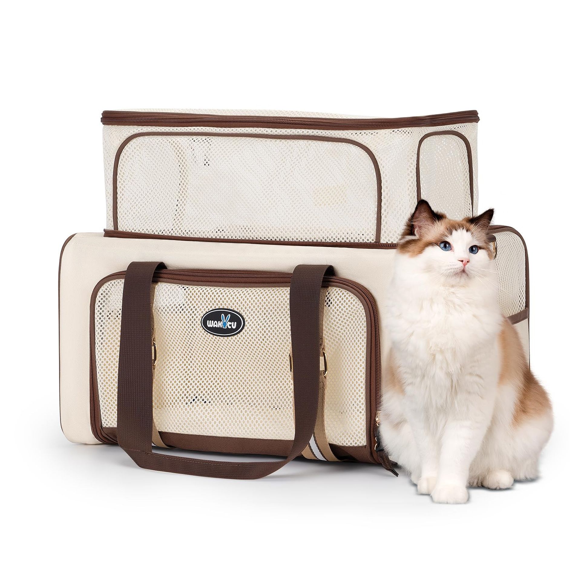 Pet Carrier for Cats & Small Dogs TSA Approved Expandable 900D Oxford Fabric 3D Foldable Mat - Beige 30x27x42cm