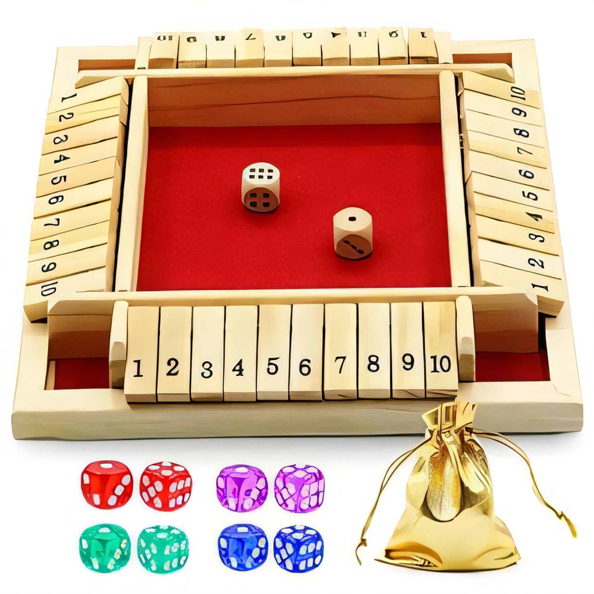 Wooden Shut The Box Game 4-Player Dice Number Board Game with 10 Dice - Red One Size