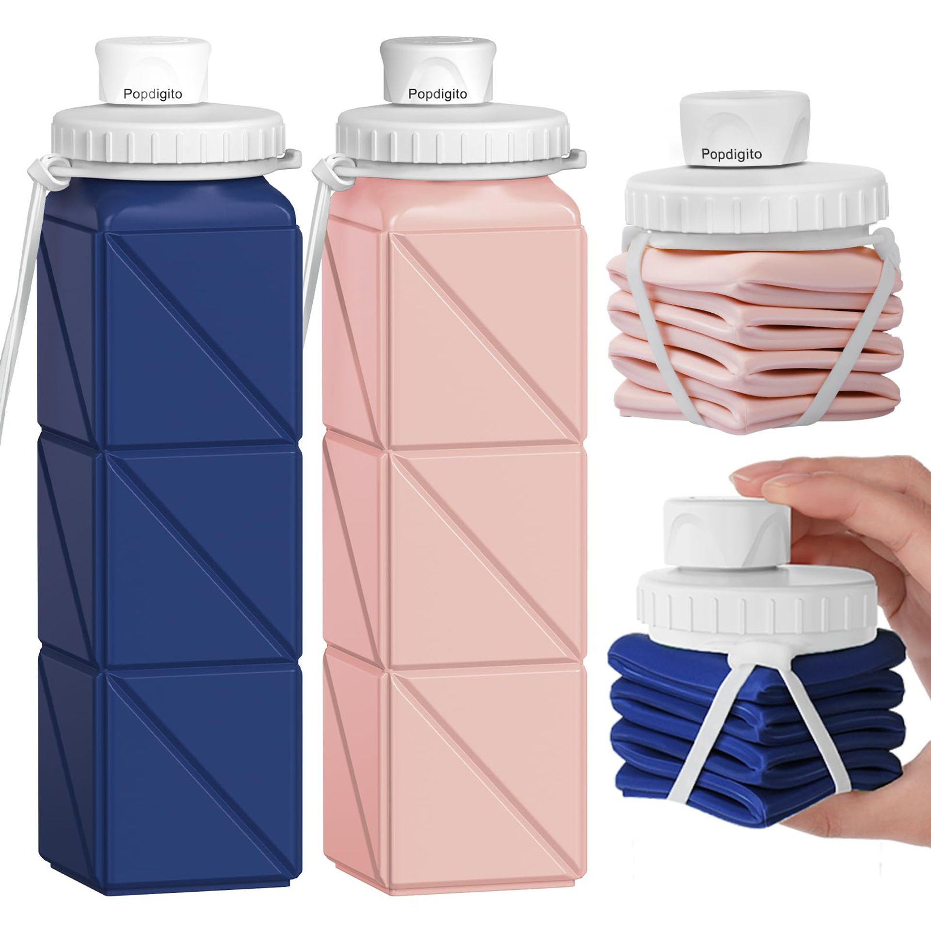 Collapsible Reusable Water Bottles 4 Pack BPA Free Silicone Leakproof Travel Outdoor Set - Light Pink+Dark Blue+Dark Grey+Dark Green 610ml - Student Essentials