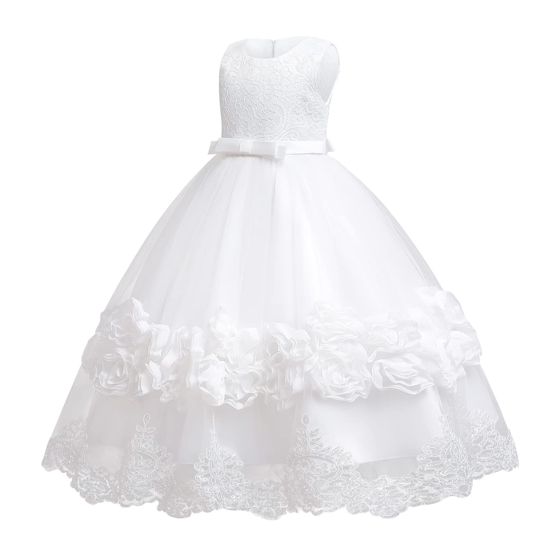 Girls Bridesmaid & Communion Dress Lace Appliqué Tulle Ball Gown Birthday Party Outfit - White 11-12 Years