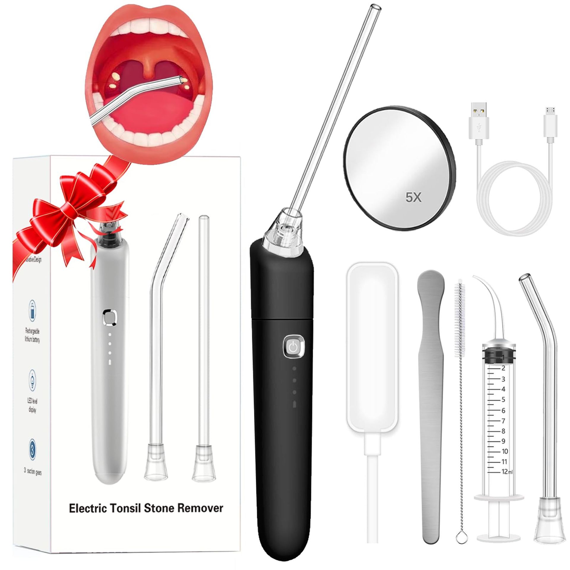 Electronic Tonsil Stone Remover 9PCS Removal Kit with Suction Modes, Syringe, Oral Lamp & 5X Mirror - Purple