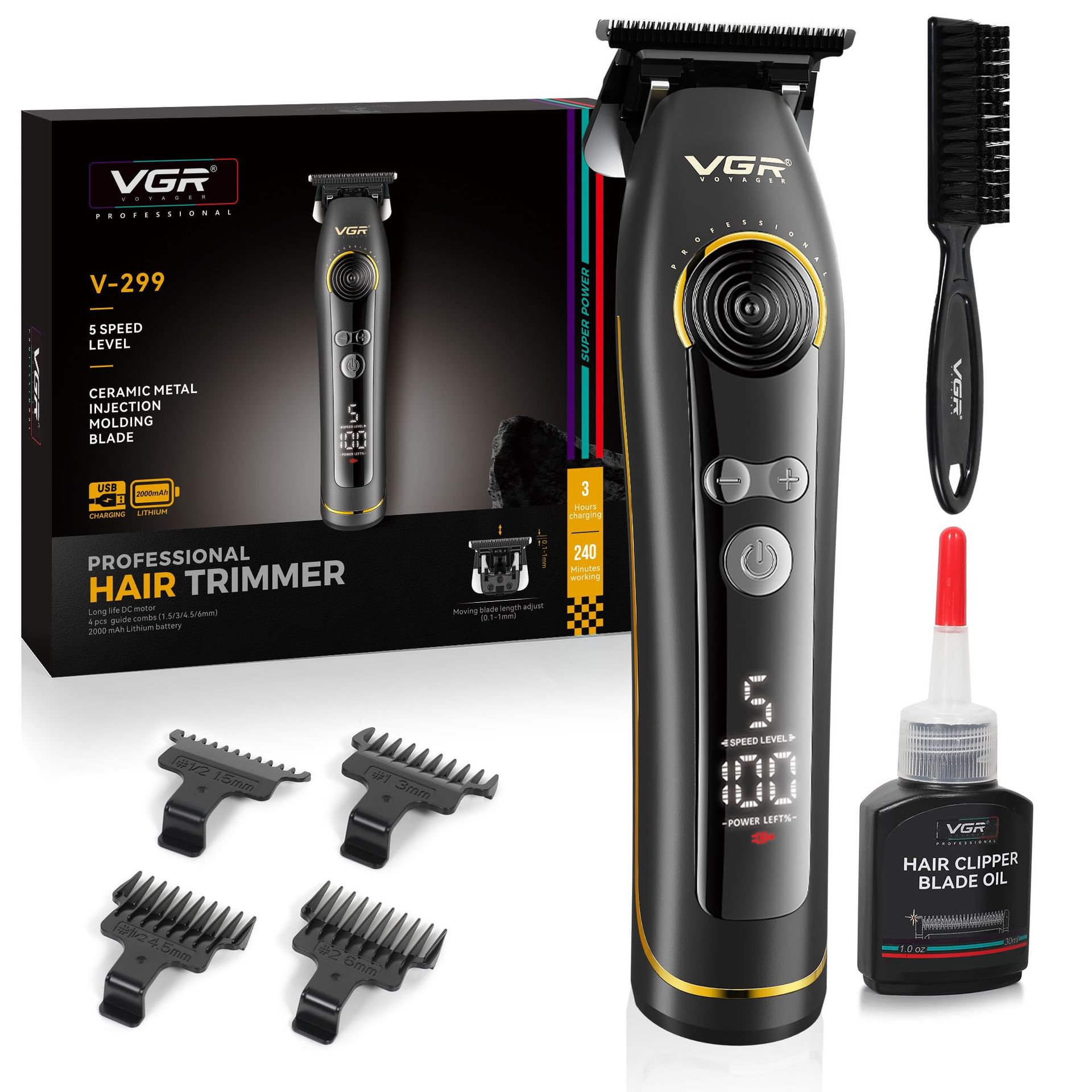 Professional Hair Clippers for Men Rechargeable Cordless Trimmer with Ceramic Metal Blades and 5 Speed Levels - Black V-299