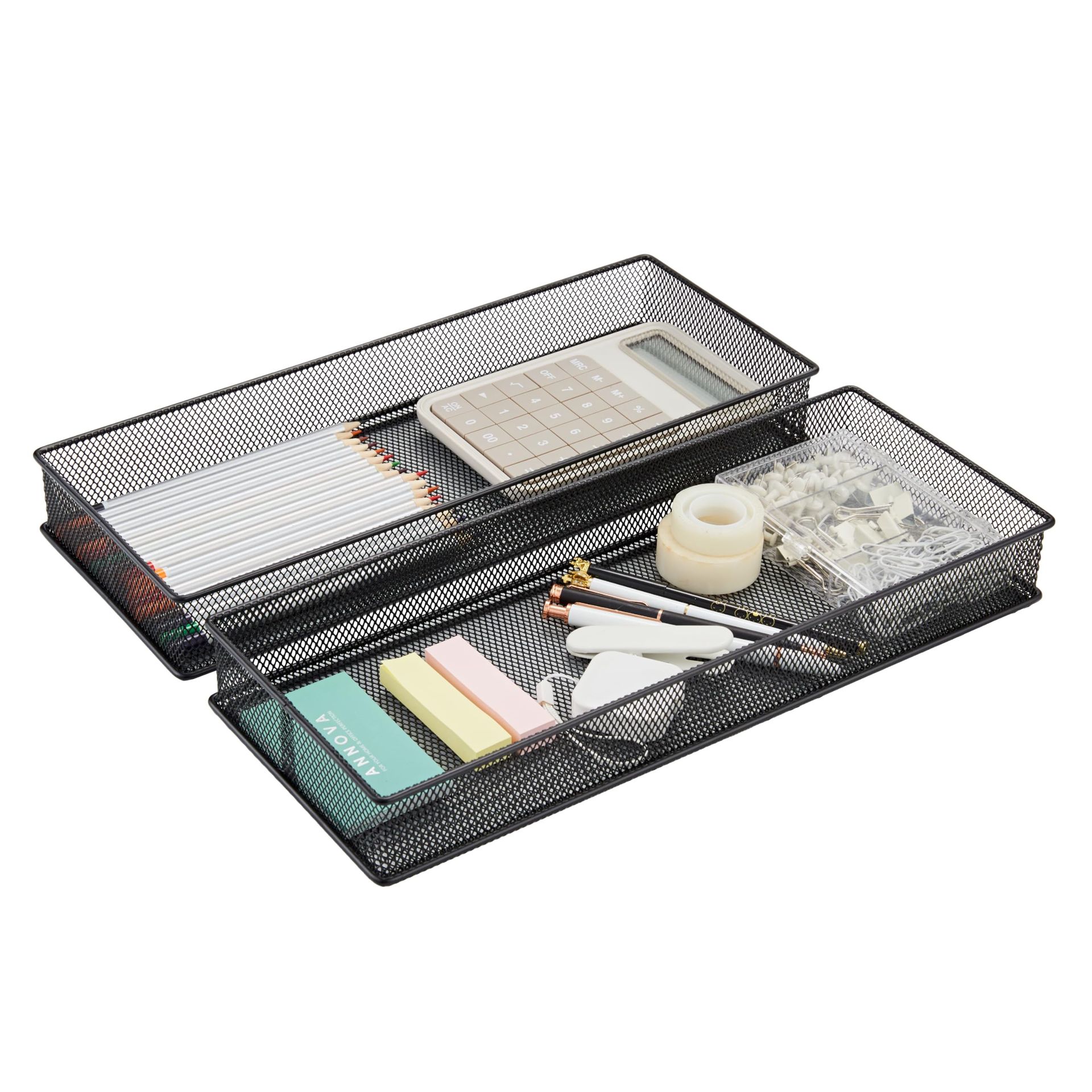 Mesh Drawer Cabinet and Shelf Organiser Bins Set of 2 for Home Office Storage - Black 38x15x5 cm - Student Essentials