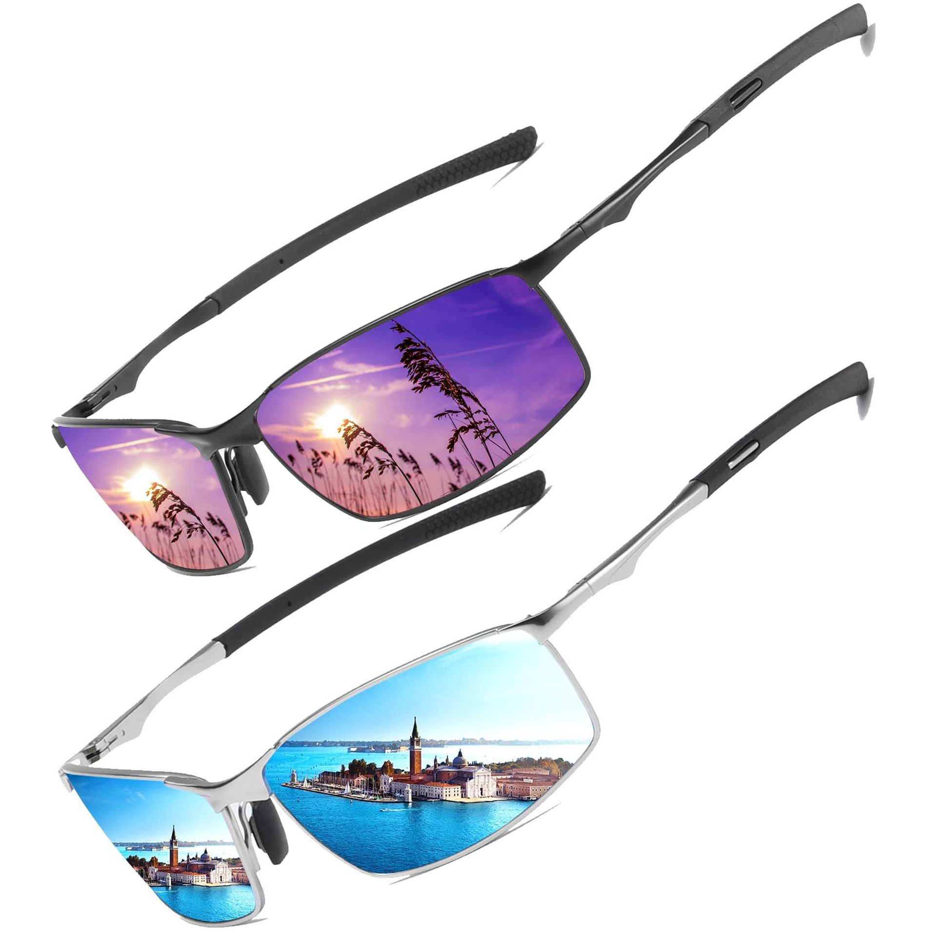 Polarised Sunglasses for Men & Women UV400 Protection Metal Frame Lightweight Vintage Design - Silver Framed Blue Lenses + Black Framed Purple Lenses