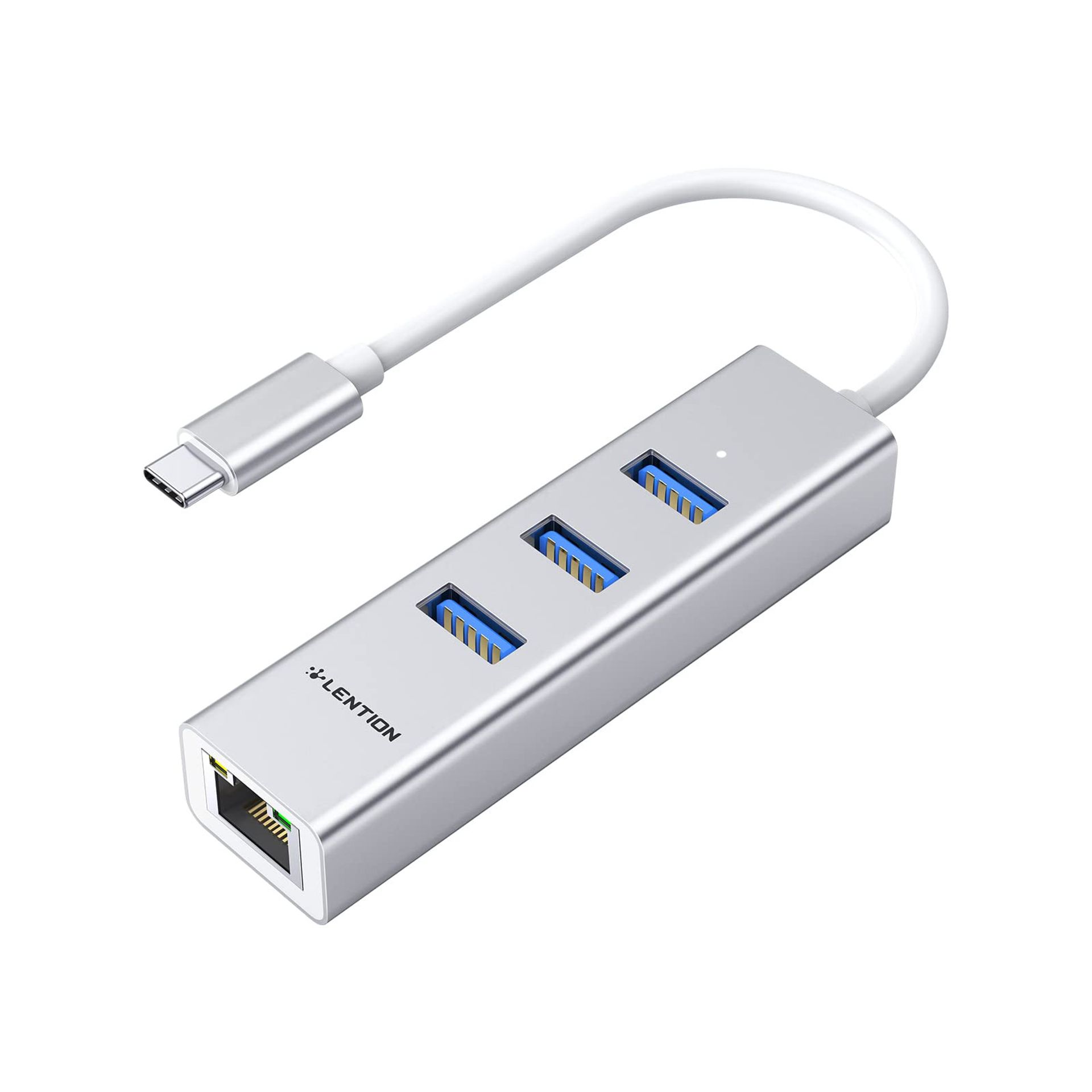 USB-C to 3-Port USB 3.0 Hub with Gigabit Ethernet LAN Adapter Compatible with MacBook Pro, Mac Air, Surface, iPad Pro, Chromebook - Silver C23s
