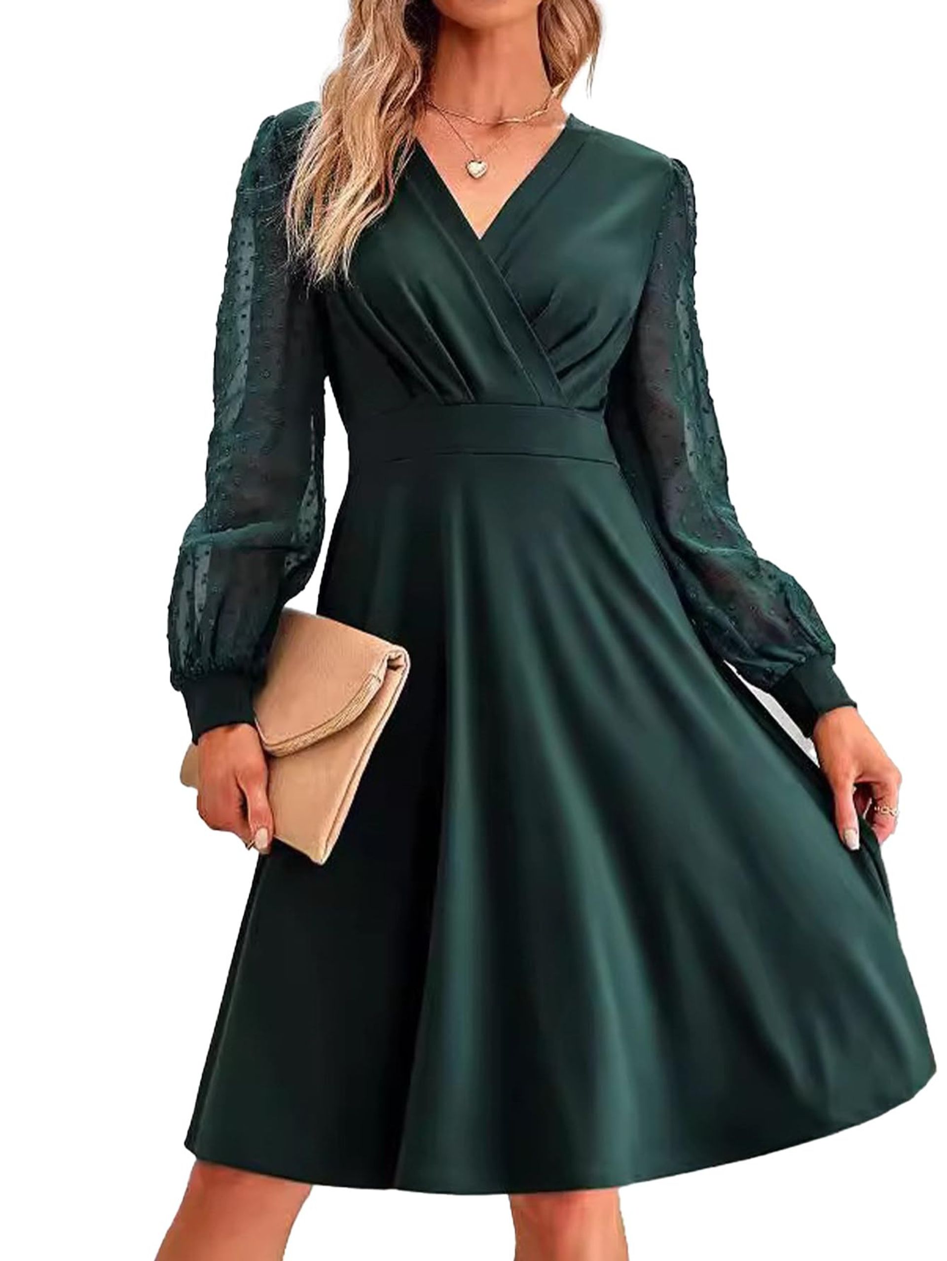 Women's Long Sleeve V-Neck Swiss Dot Midi Cocktail & Evening Dress - Green XL