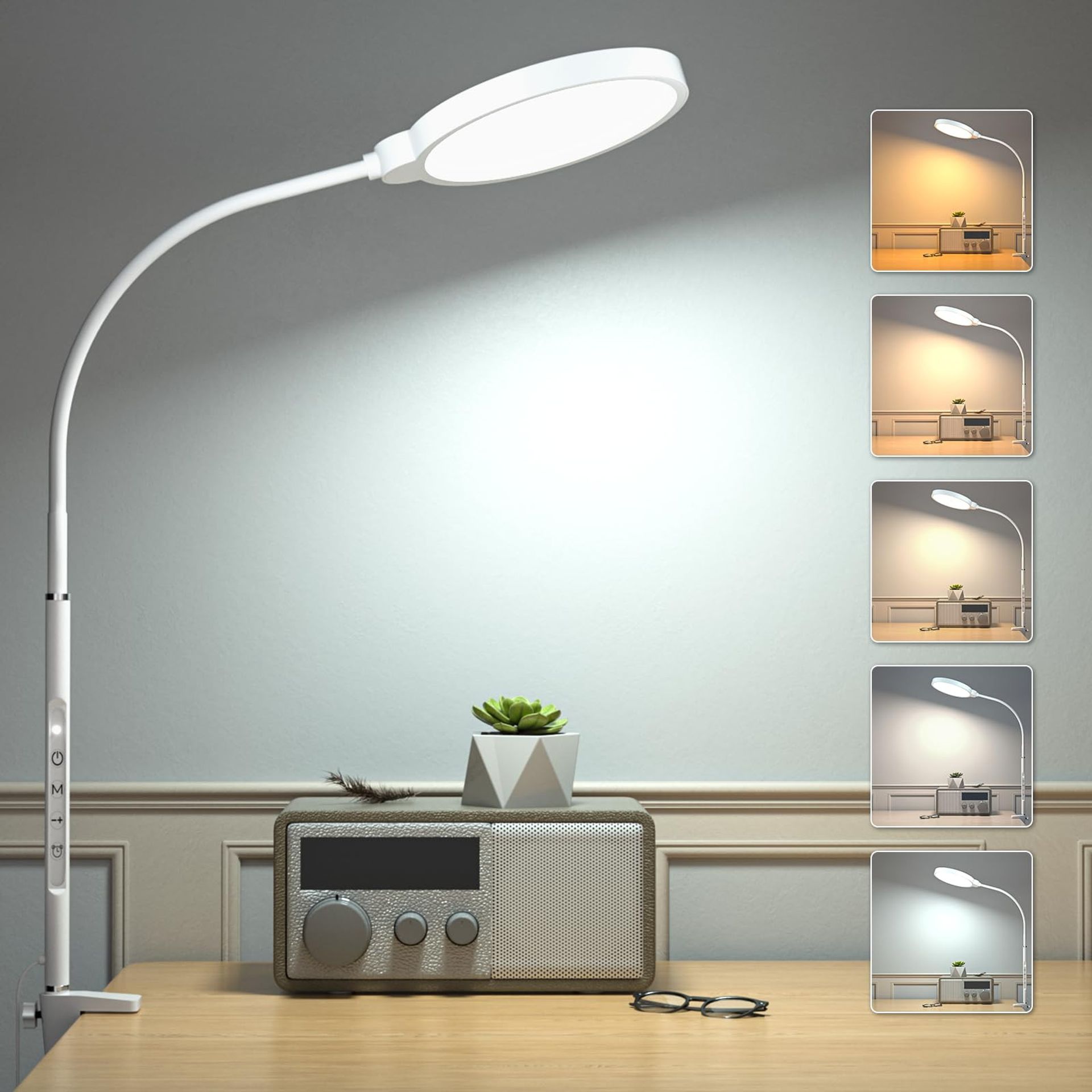 LED Desk Lamp Touch Control with Clamp 5 Brightness Levels Eye-Care Light for Office Study - White 50cm