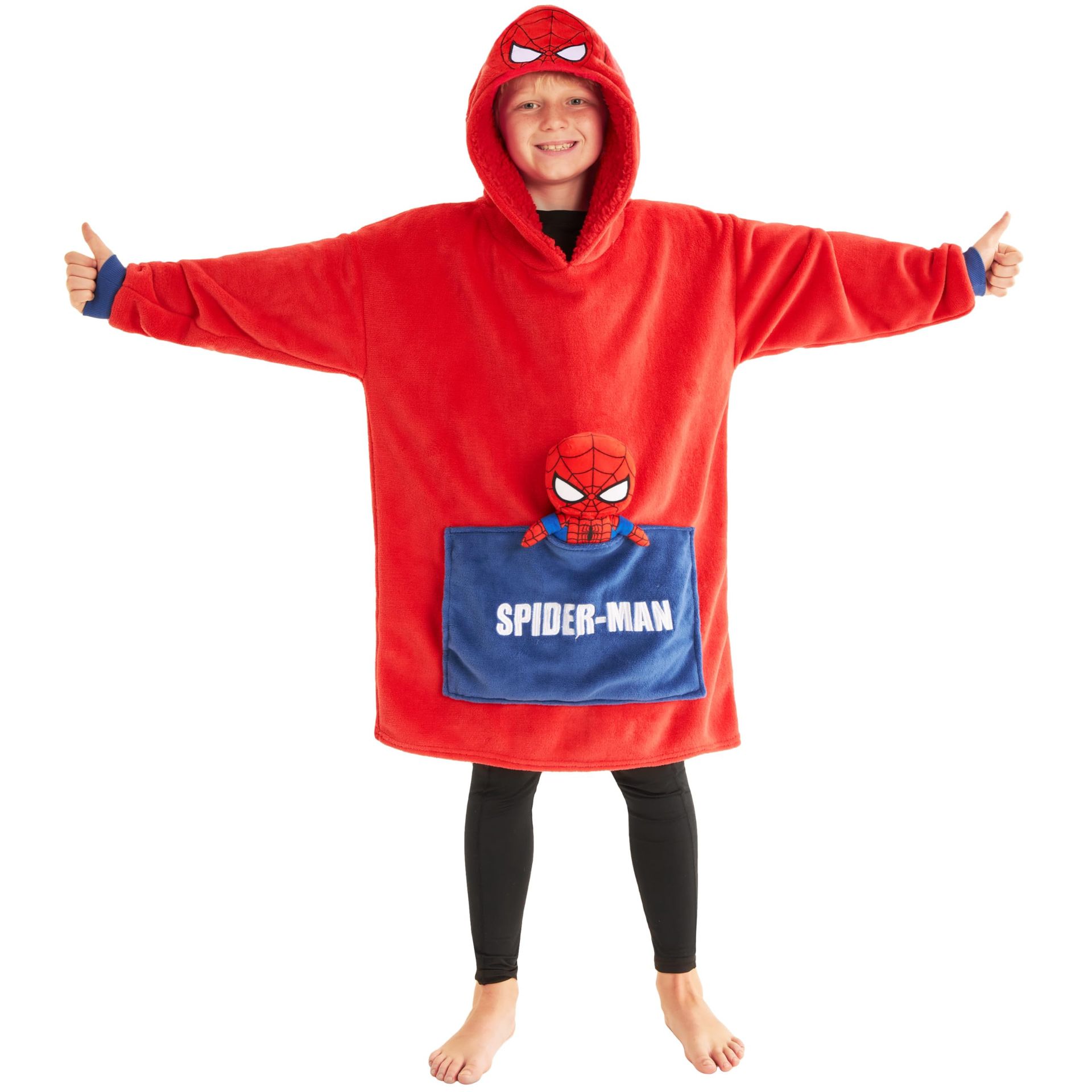 Marvel Spiderman Boys Fleece Hoodie Blanket with Attached Plush Toy, Sherpa-Lined Hood & Kangaroo Pocket - Red One Size