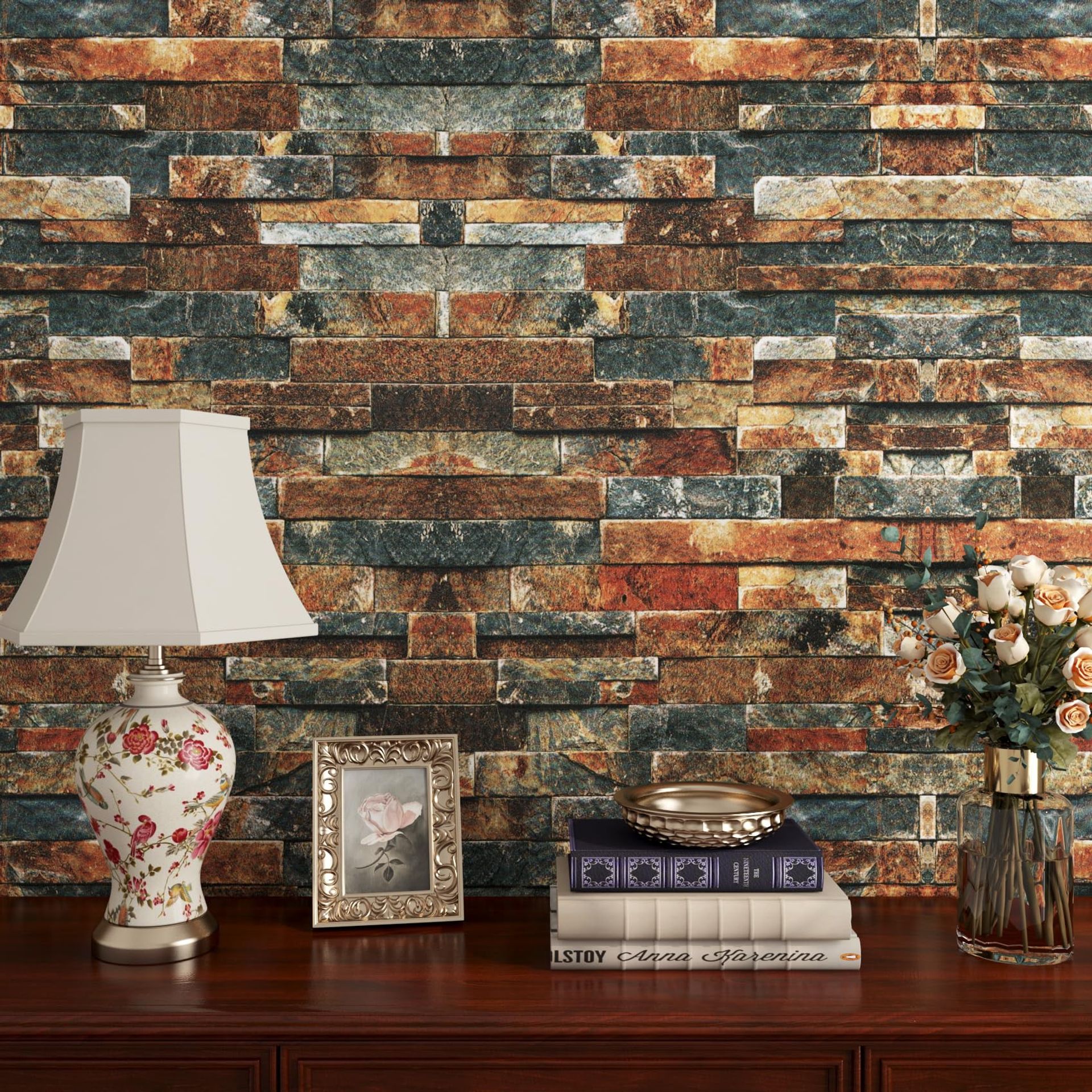 Peel and Stick Brick Wallpaper 3D Effect Waterproof Vinyl for Kitchen Bathroom Fireplace Furniture - Blue Brown 40x600cm - Spring Refresh